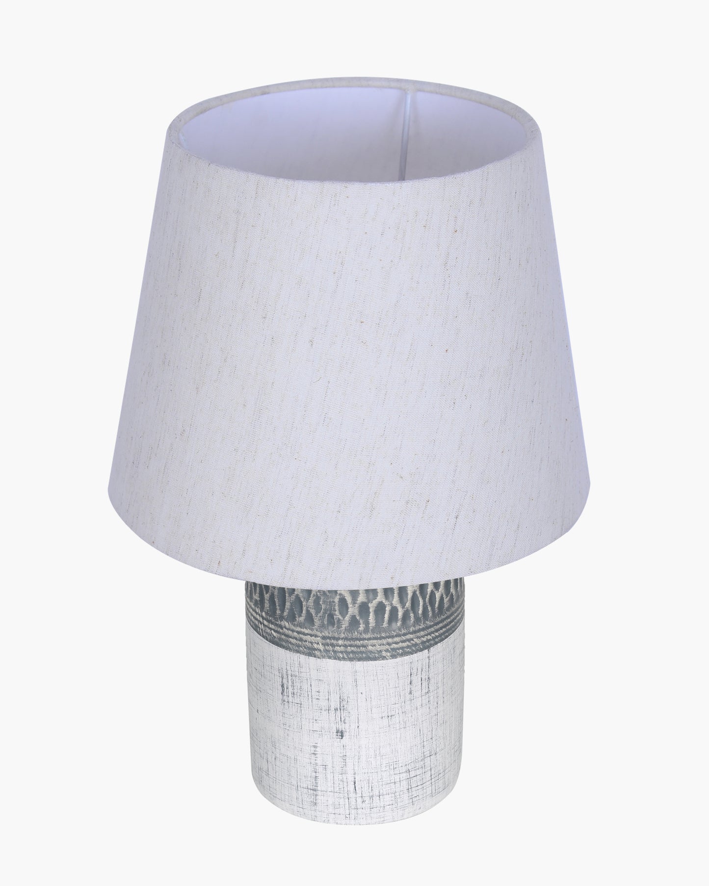 Modern Ceramic Table Lamp with Fabric Shade, Minimal Bedside Lamp for Living Room & Bedroom, Grey Carved Honeycomb Pattern, Khadi Taper