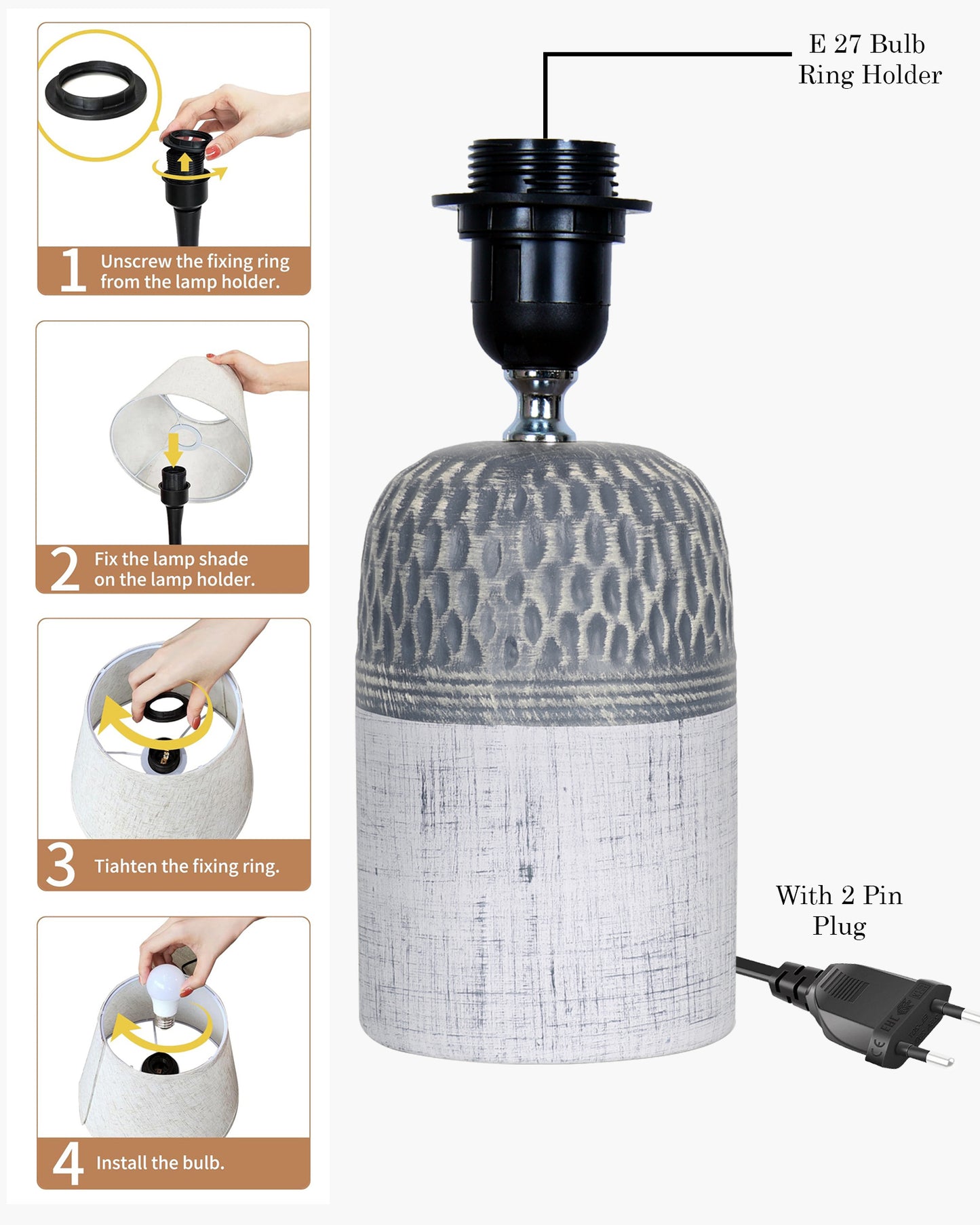 Modern Ceramic Table Lamp with Fabric Shade, Minimal Bedside Lamp for Living Room & Bedroom, Grey Carved Honeycomb Pattern, Khadi Taper