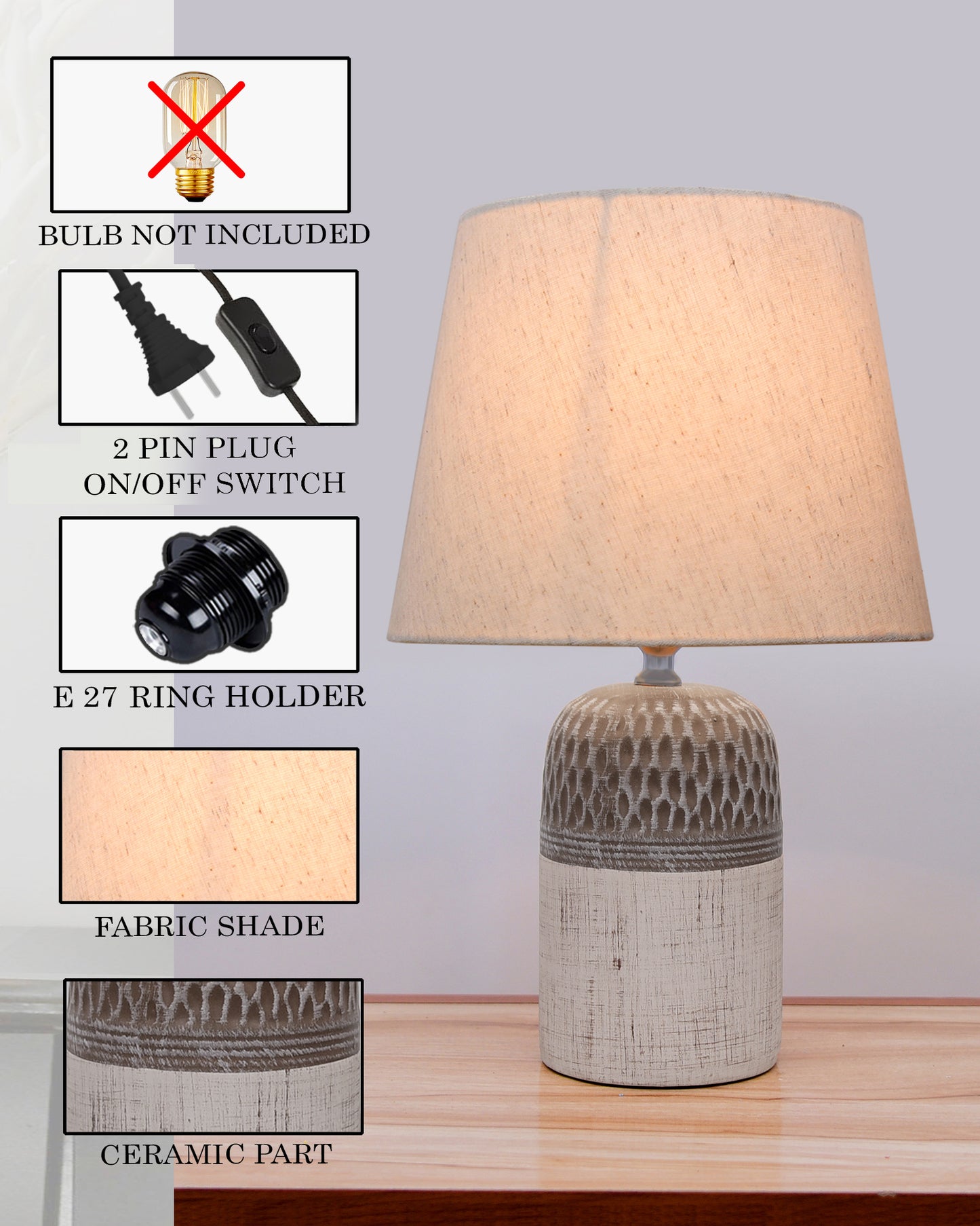 Modern Ceramic Table Lamp with Fabric Shade, Minimal Bedside Lamp for Living Room & Bedroom, Grey Carved Honeycomb Pattern, Khadi Taper