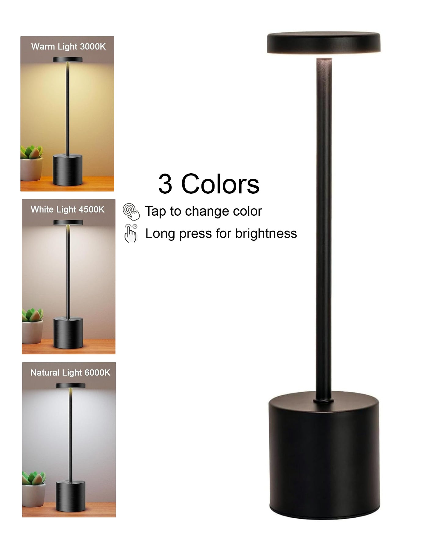 Table Lamps Rechargeable Set of 1, Black Portable LED Desk Lamp, Battery Powered Wireless Table Light, LED Cordless Desk Lamp, Wireless Portable Desk & Bedside Lamp for Home, Café & Restaurant