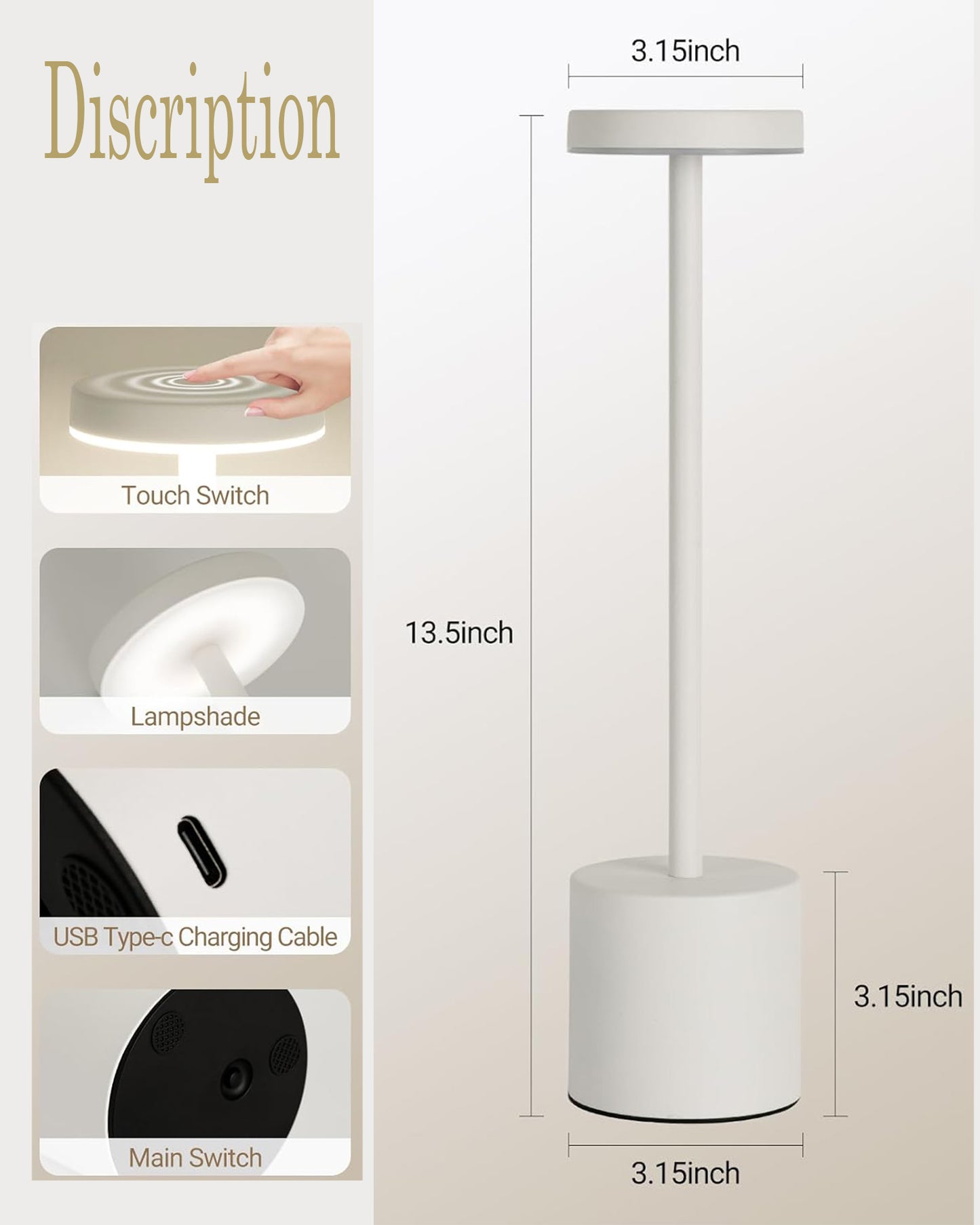 Table Lamps Rechargeable Set of 1, Black Portable LED Desk Lamp, Battery Powered Wireless Table Light, LED Cordless Desk Lamp, Wireless Portable Desk & Bedside Lamp for Home, Café & Restaurant