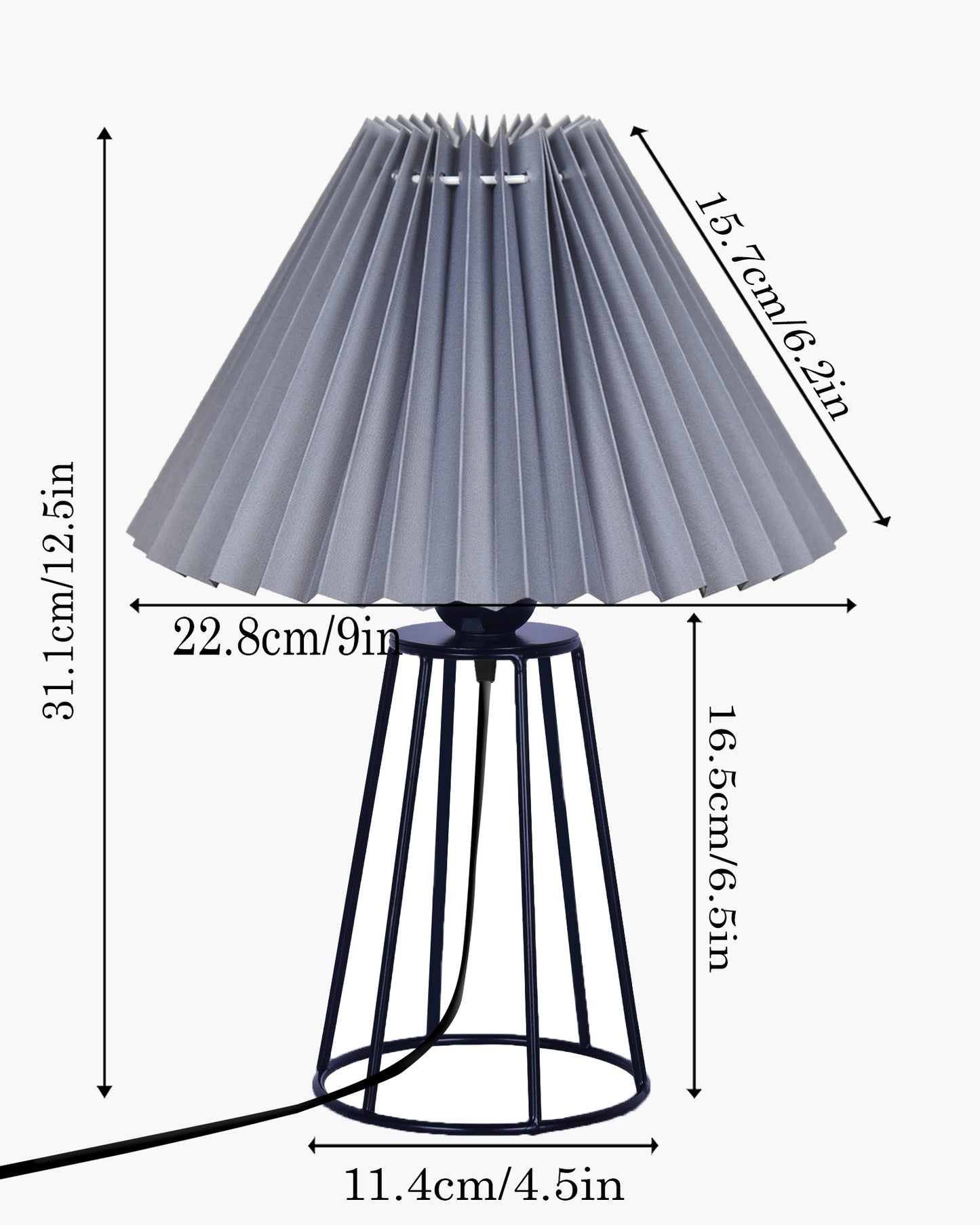 Korean Style Pleated Table Lamp with Wire Frame Base, Bedside Night Lamp for Bedroom & Living Room, Warm White Ambient Lighting, Black Taper, Pleated White