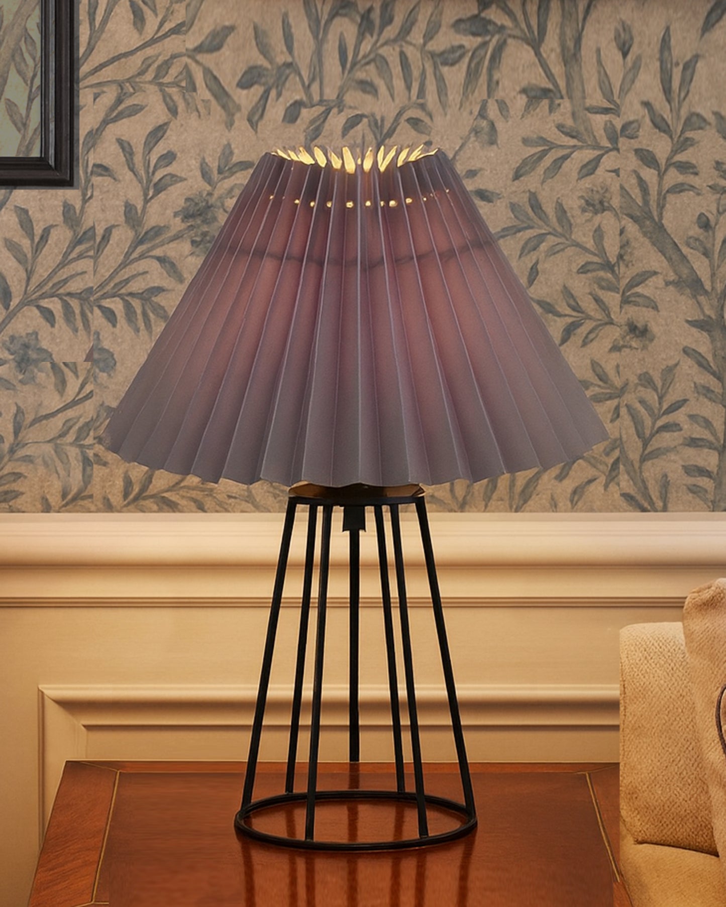 Korean Style Pleated Table Lamp with Wire Frame Base, Bedside Night Lamp for Bedroom & Living Room, Warm White Ambient Lighting, Black Taper, Pleated White