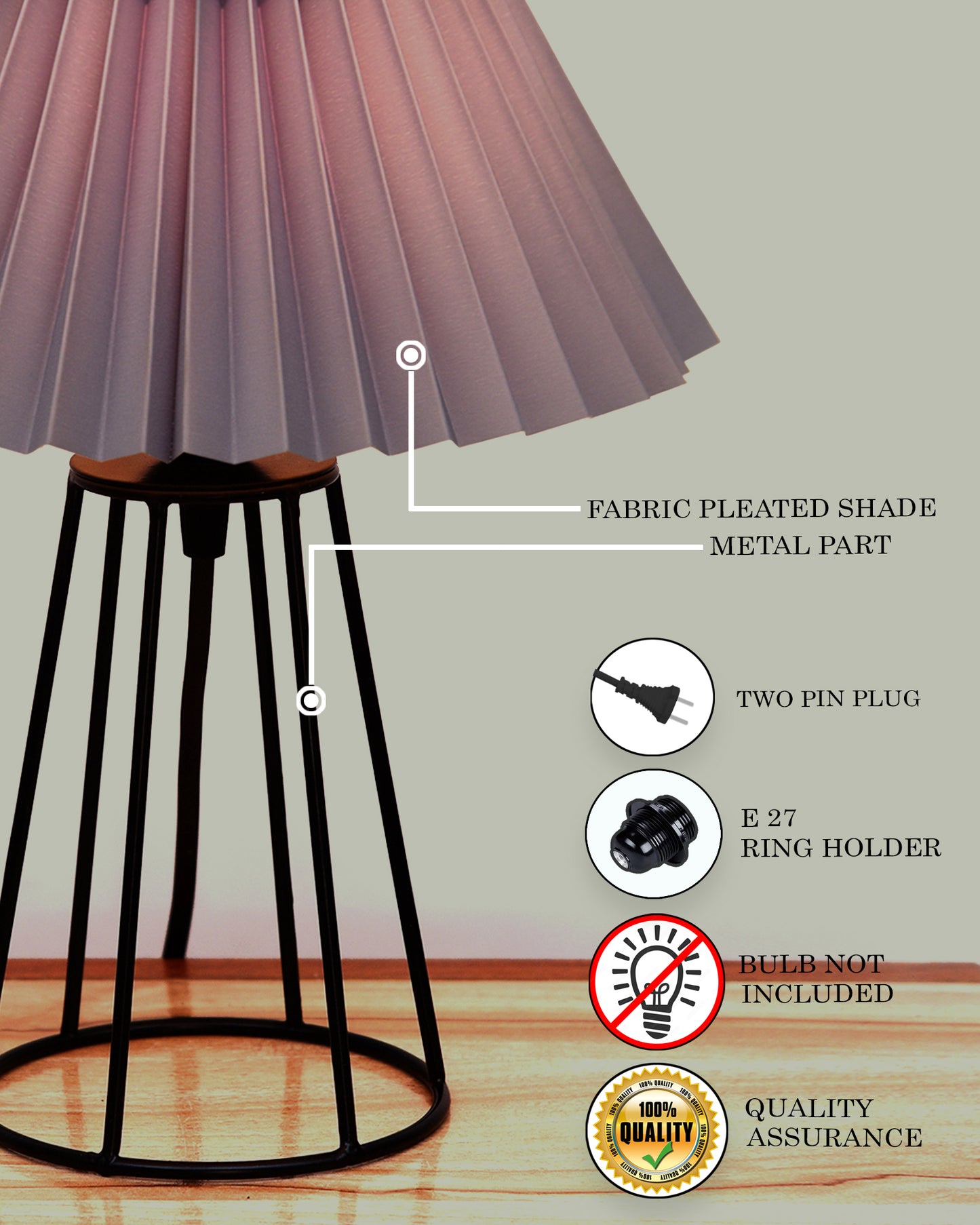 Korean Style Pleated Table Lamp with Wire Frame Base, Bedside Night Lamp for Bedroom & Living Room, Warm White Ambient Lighting, Black Taper, Pleated White