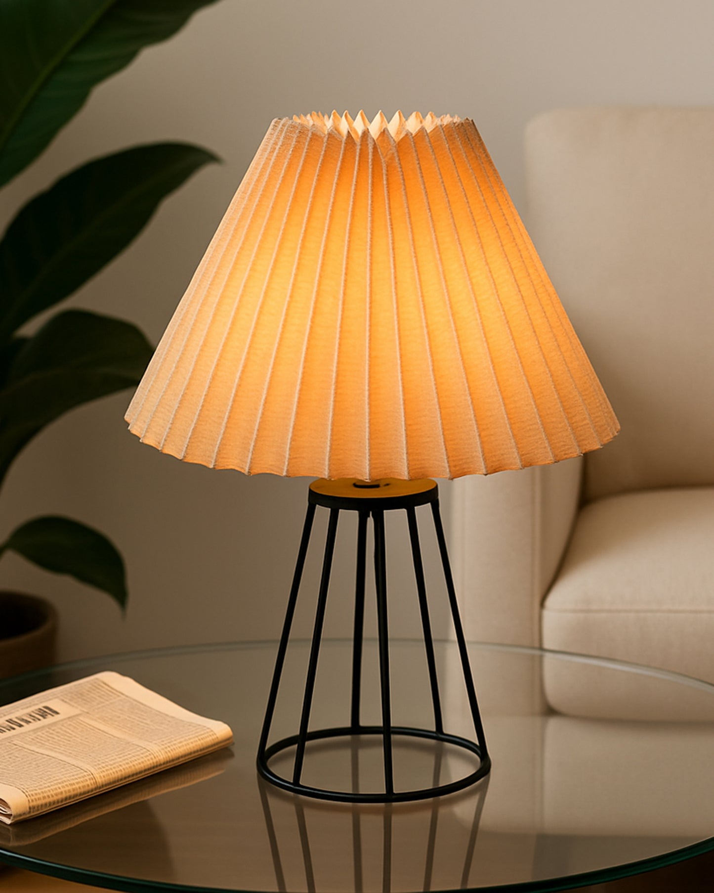 Korean Style Pleated Table Lamp with Wire Frame Base, Bedside Night Lamp for Bedroom & Living Room, Warm White Ambient Lighting, Black Taper, Pleated White