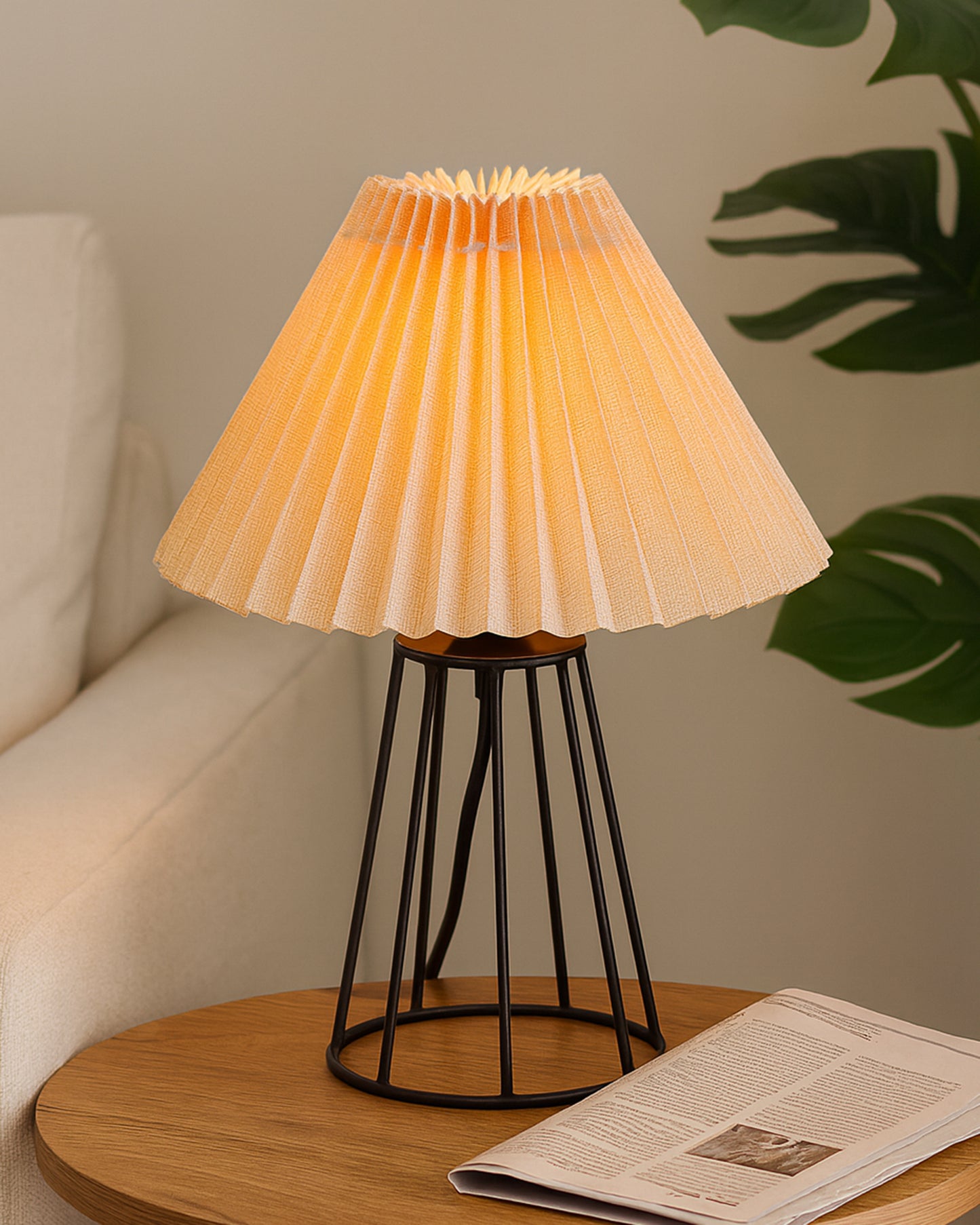 Korean Style Pleated Table Lamp with Wire Frame Base, Bedside Night Lamp for Bedroom & Living Room, Warm White Ambient Lighting, Black Taper, Pleated White