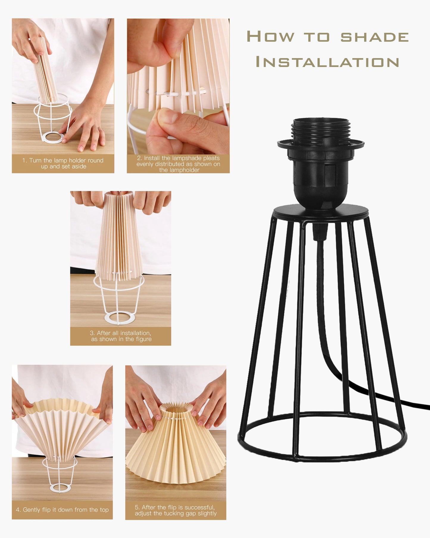 Korean Style Pleated Table Lamp with Wire Frame Base, Bedside Night Lamp for Bedroom & Living Room, Warm White Ambient Lighting, Black Taper, Pleated White