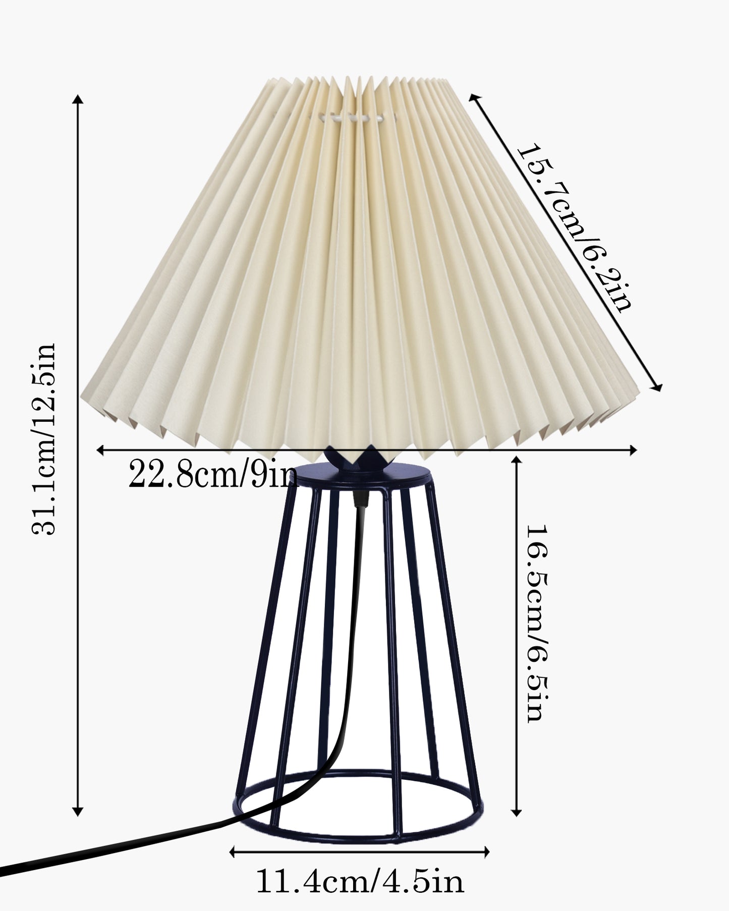 Korean Style Pleated Table Lamp with Wire Frame Base, Bedside Night Lamp for Bedroom & Living Room, Warm White Ambient Lighting, Black Taper, Pleated White