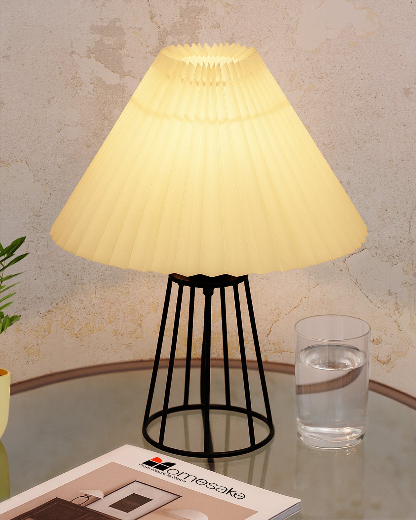 Korean Style Pleated Table Lamp with Wire Frame Base, Bedside Night Lamp for Bedroom & Living Room, Warm White Ambient Lighting, Black Taper, Pleated White