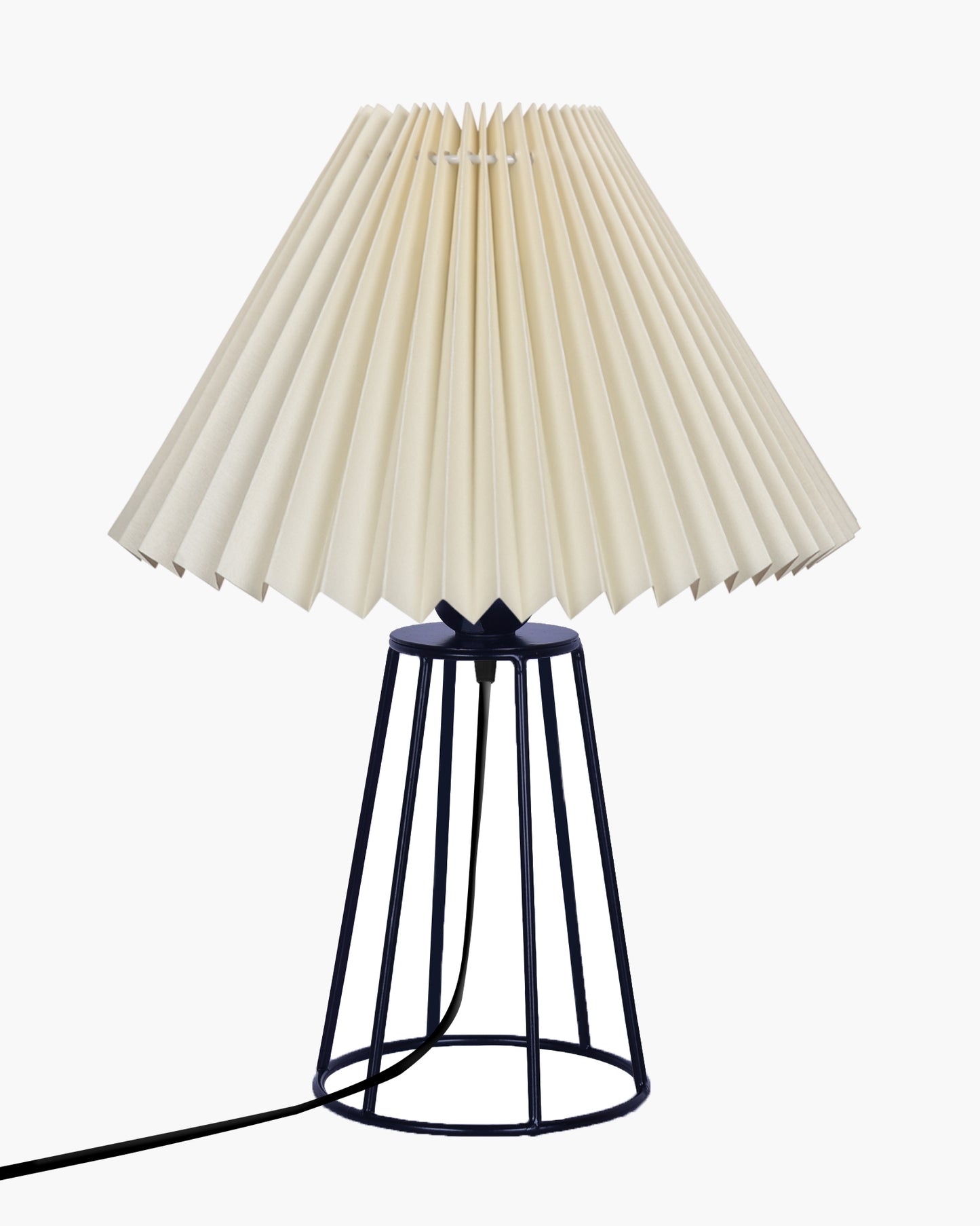 Korean Style Pleated Table Lamp with Wire Frame Base, Bedside Night Lamp for Bedroom & Living Room, Warm White Ambient Lighting, Black Taper, Pleated White