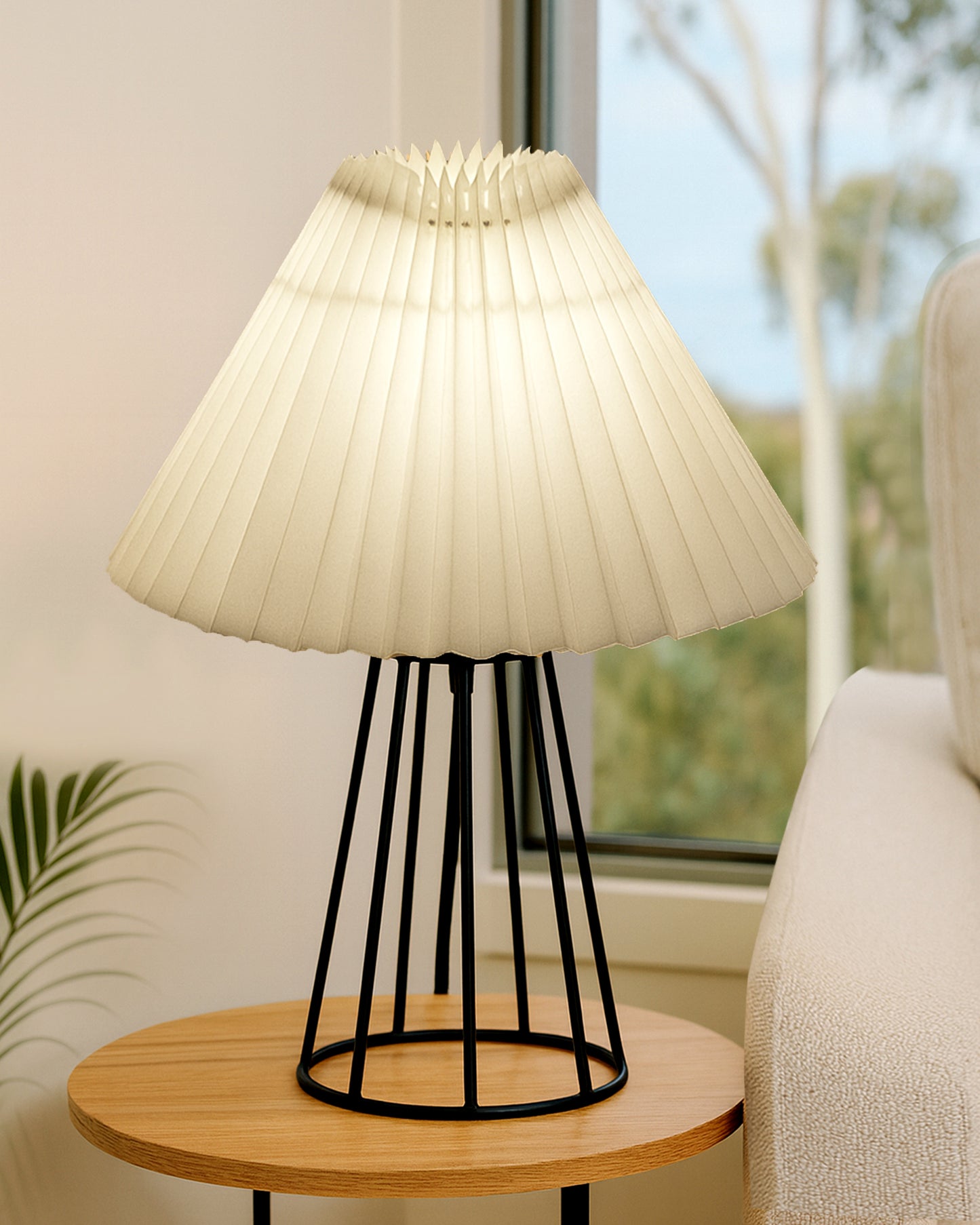 Korean Style Pleated Table Lamp with Wire Frame Base, Bedside Night Lamp for Bedroom & Living Room, Warm White Ambient Lighting, Black Taper, Pleated White