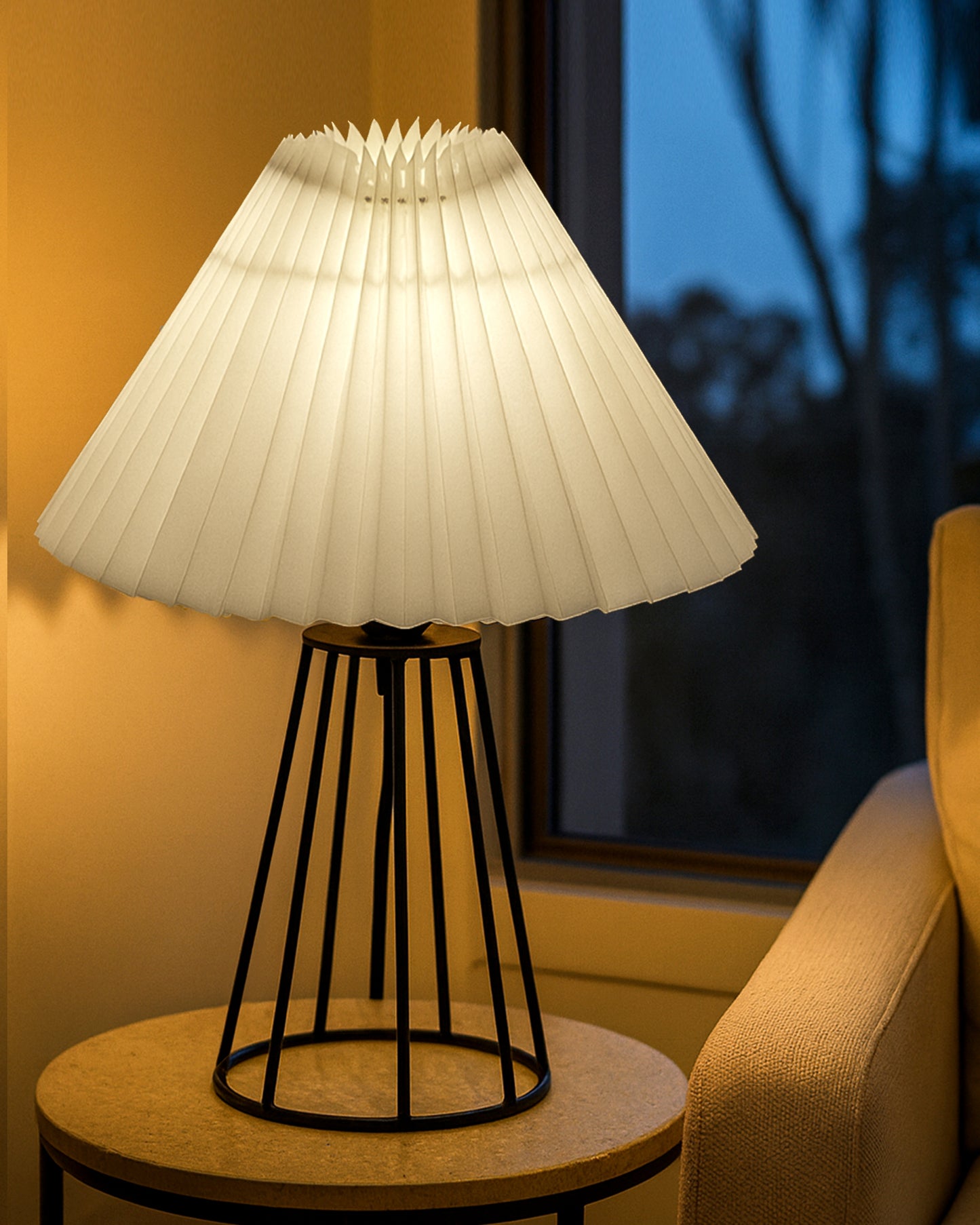Korean Style Pleated Table Lamp with Wire Frame Base, Bedside Night Lamp for Bedroom & Living Room, Warm White Ambient Lighting, Black Taper, Pleated White
