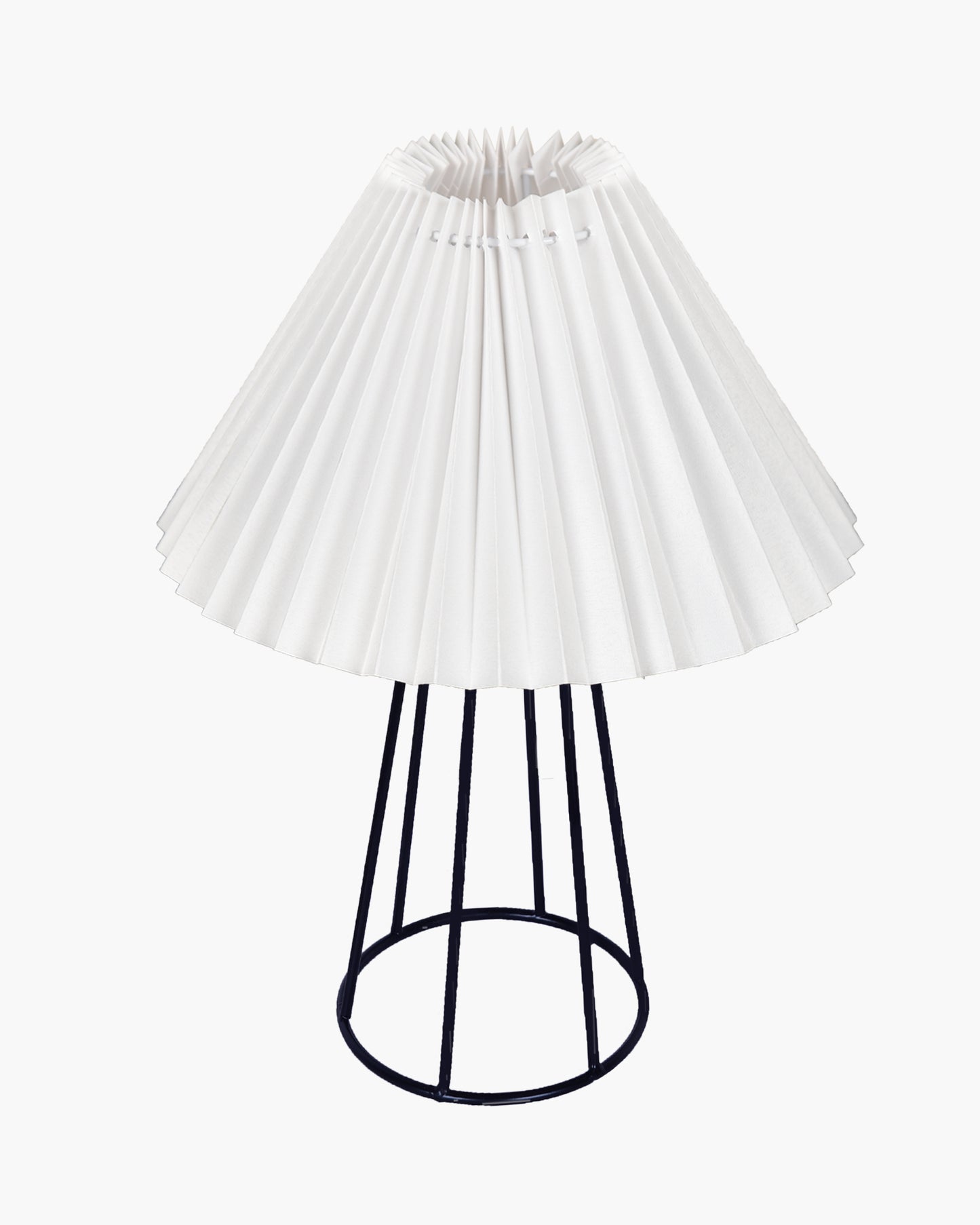 Korean Style Pleated Table Lamp with Wire Frame Base, Bedside Night Lamp for Bedroom & Living Room, Warm White Ambient Lighting, Black Taper, Pleated White