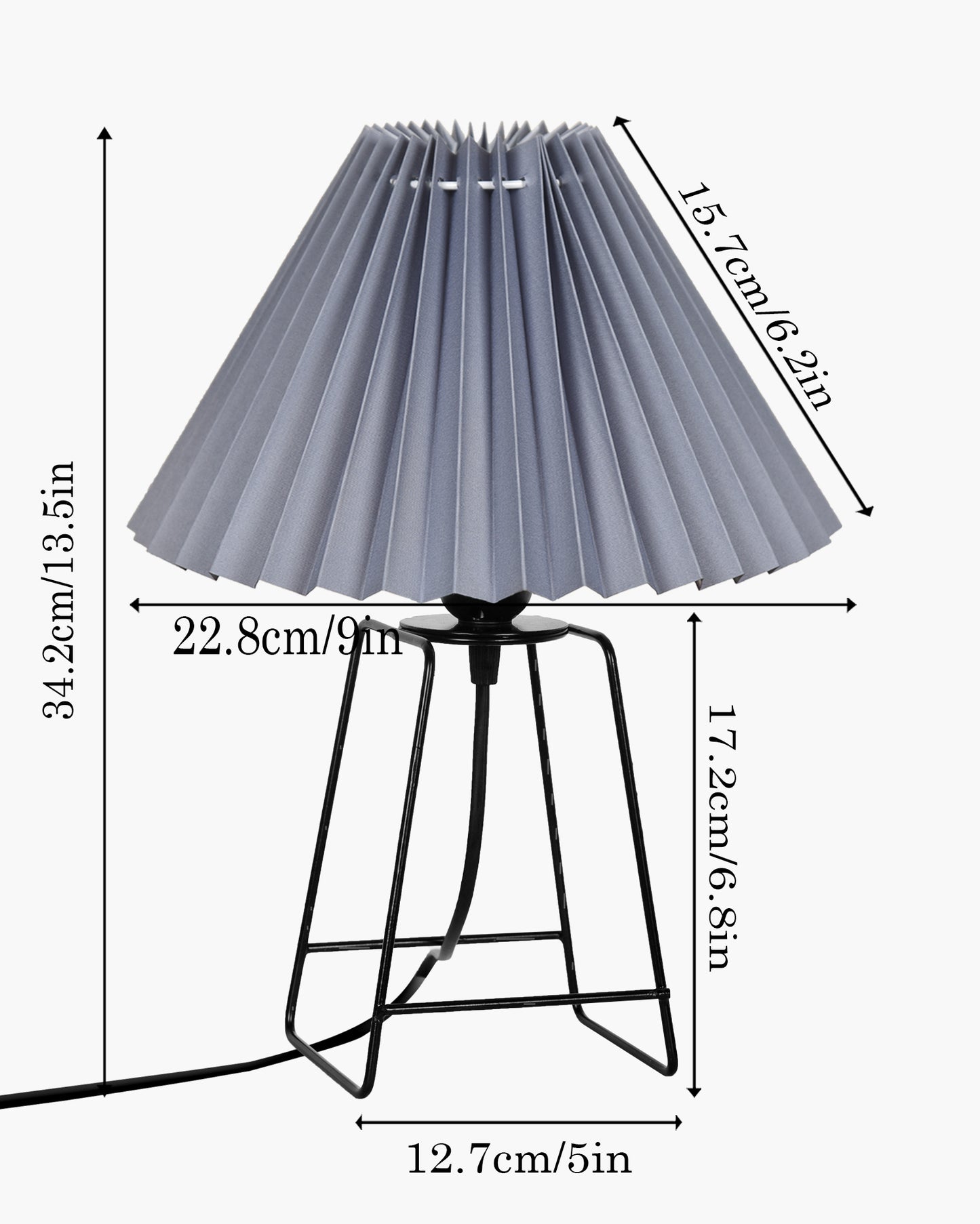 Korean Style Pleated Table Lamp with Wire Frame Base, Bedside Night Lamp for Bedroom & Living Room, Warm White Ambient Lighting, White Taper, Pleated Grey