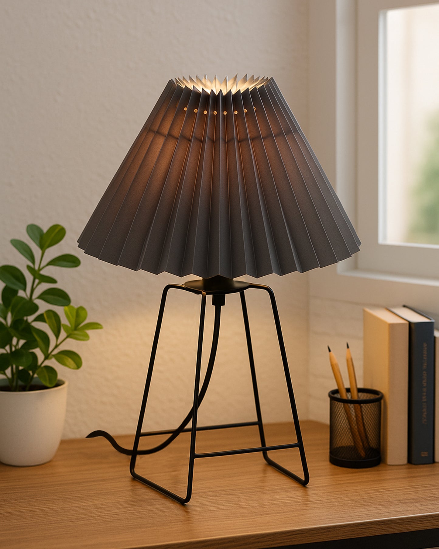Korean Style Pleated Table Lamp with Wire Frame Base, Bedside Night Lamp for Bedroom & Living Room, Warm White Ambient Lighting, White Taper, Pleated Grey