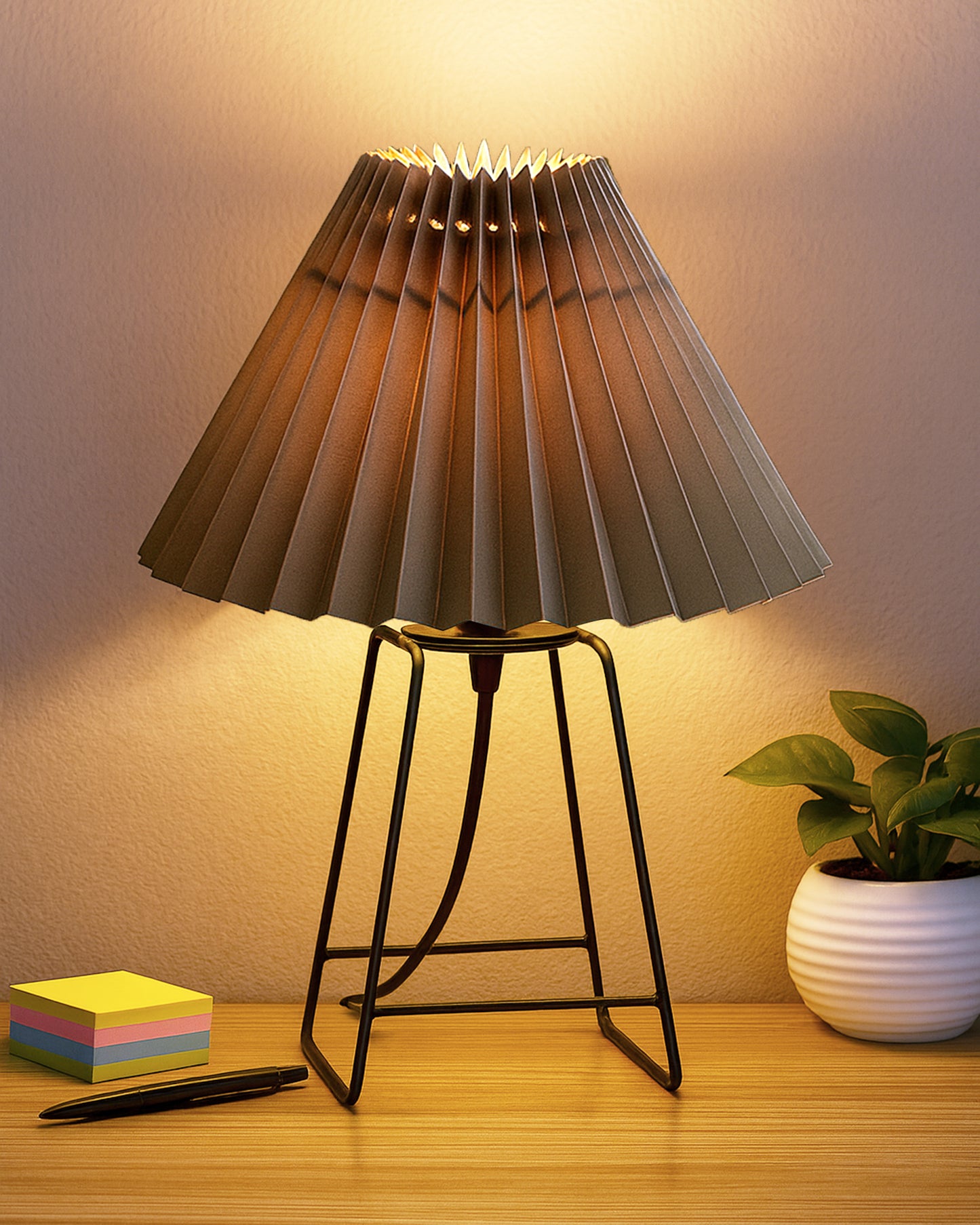 Korean Style Pleated Table Lamp with Wire Frame Base, Bedside Night Lamp for Bedroom & Living Room, Warm White Ambient Lighting, White Taper, Pleated Grey