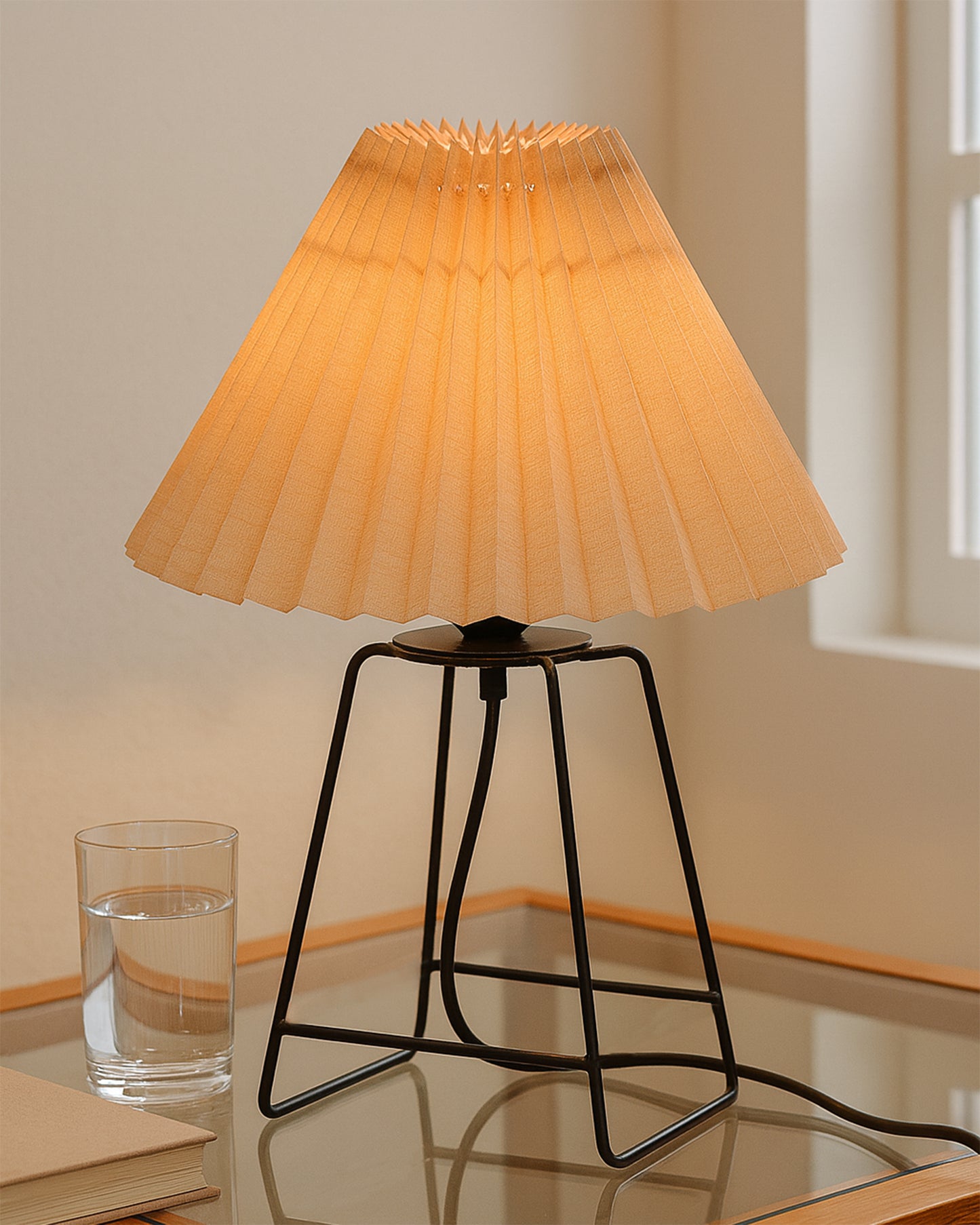 Korean Style Pleated Table Lamp with Wire Frame Base, Bedside Night Lamp for Bedroom & Living Room, Warm White Ambient Lighting, White Taper, Pleated Grey