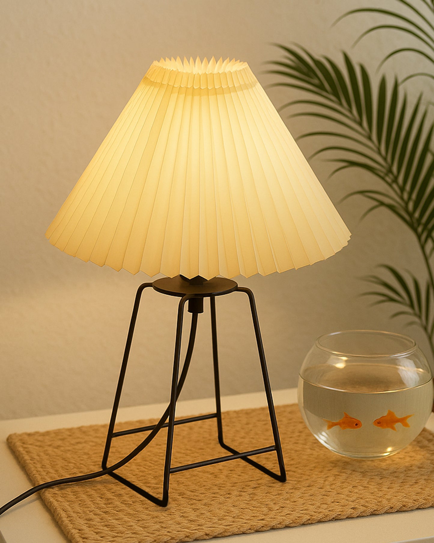 Korean Style Pleated Table Lamp with Wire Frame Base, Bedside Night Lamp for Bedroom & Living Room, Warm White Ambient Lighting, White Taper, Pleated Grey