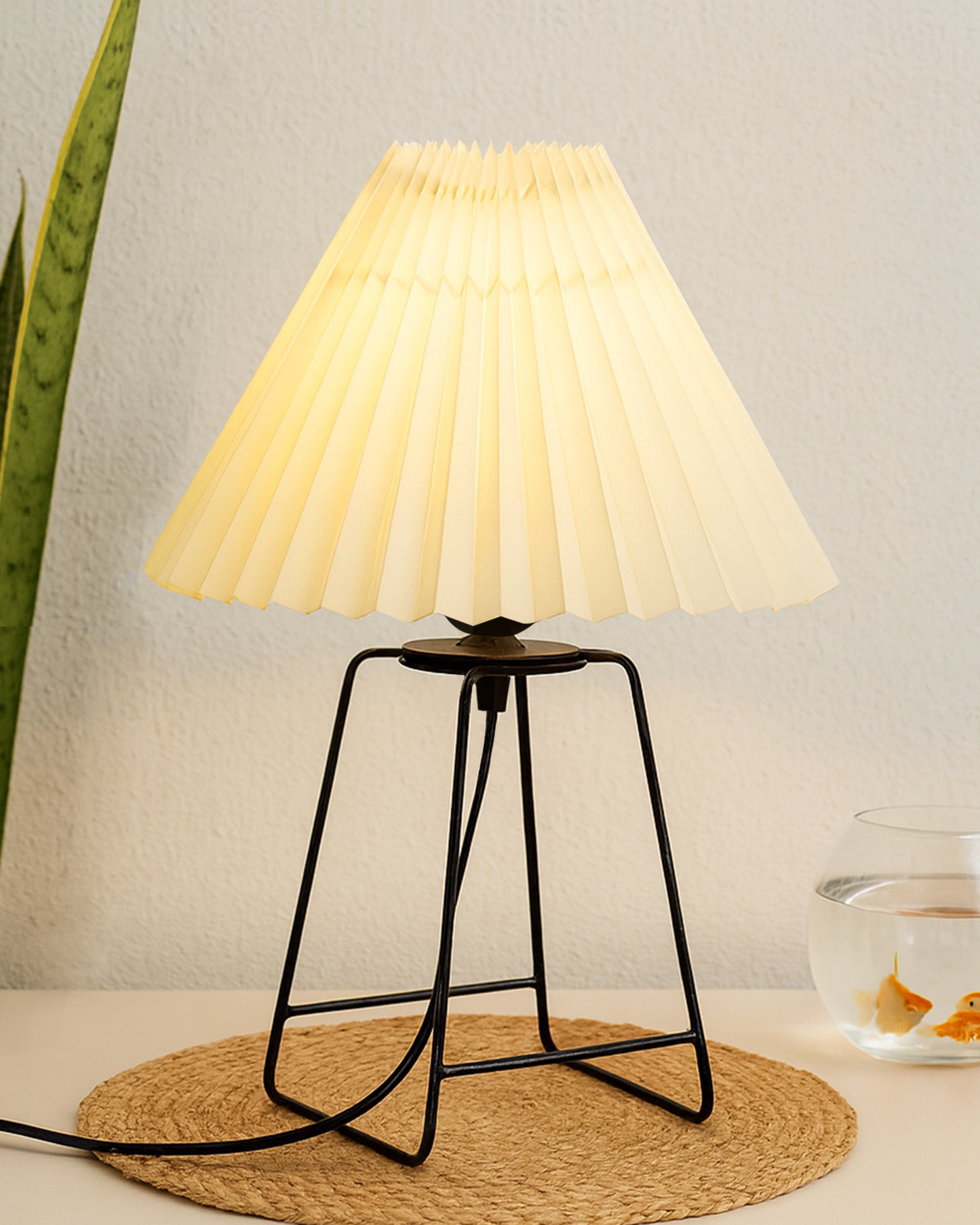 Korean Style Pleated Table Lamp with Wire Frame Base, Bedside Night Lamp for Bedroom & Living Room, Warm White Ambient Lighting, White Taper, Pleated Grey