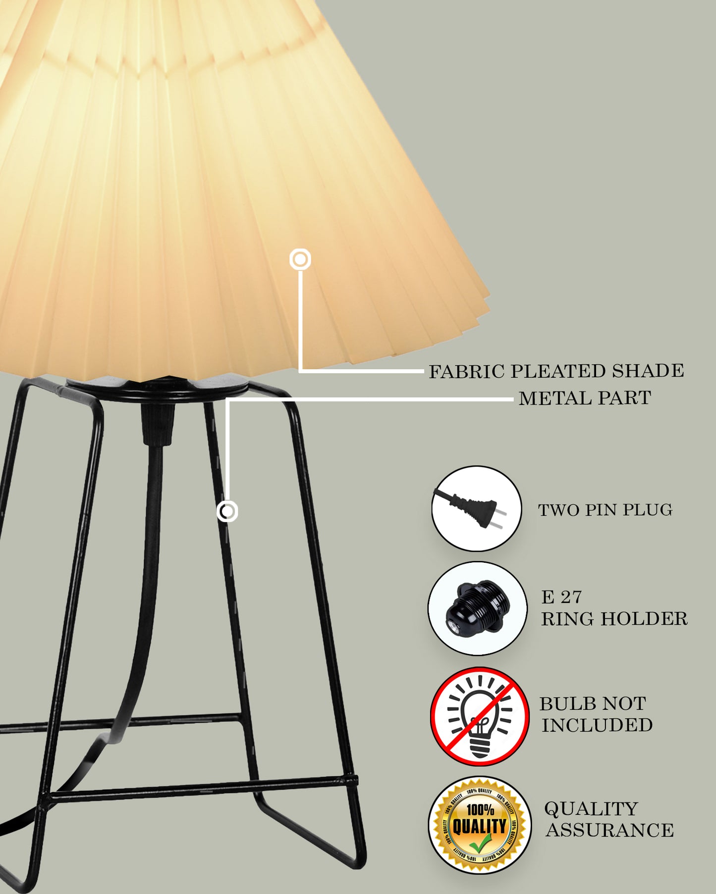 Korean Style Pleated Table Lamp with Wire Frame Base, Bedside Night Lamp for Bedroom & Living Room, Warm White Ambient Lighting, White Taper, Pleated Grey