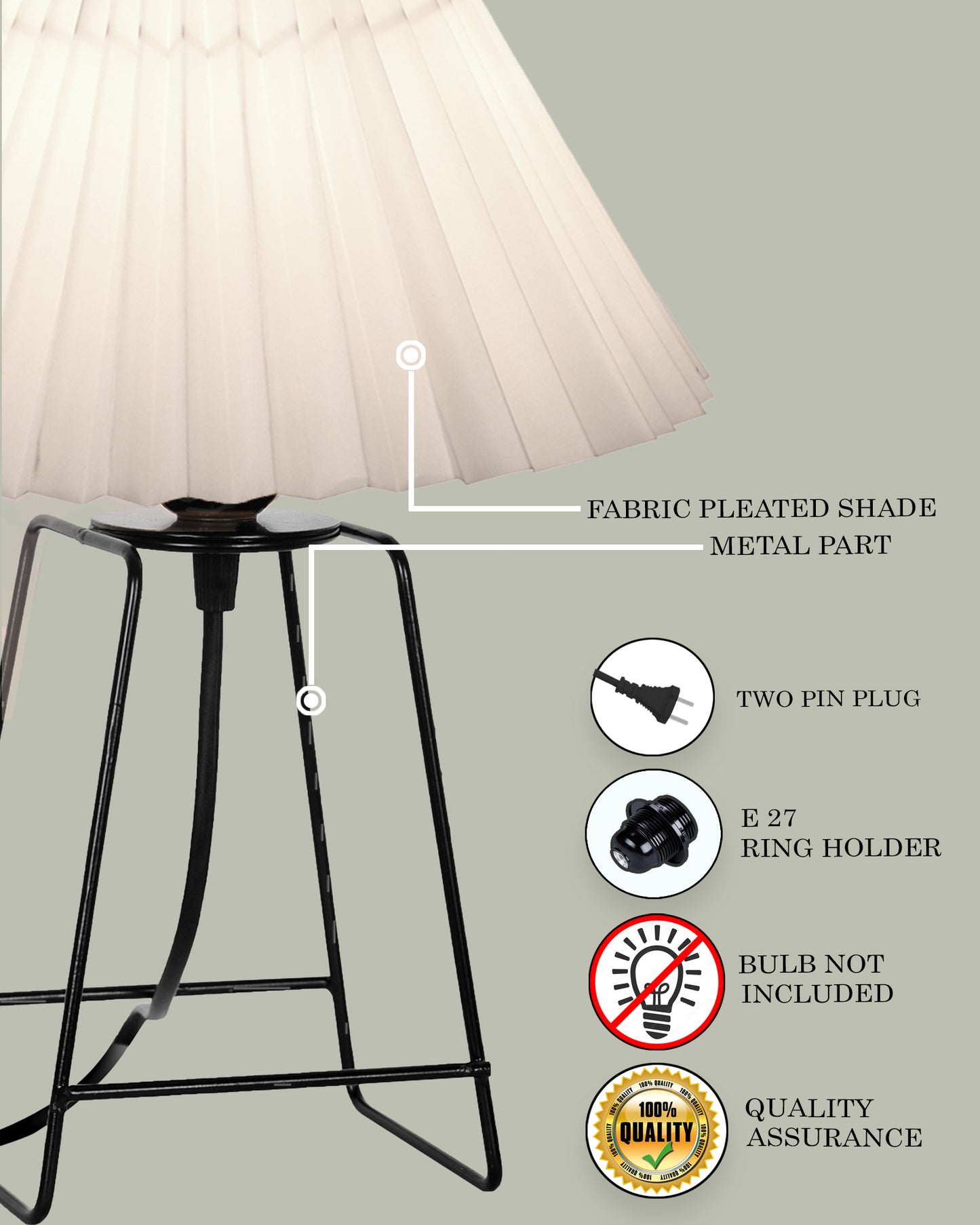 Korean Style Pleated Table Lamp with Wire Frame Base, Bedside Night Lamp for Bedroom & Living Room, Warm White Ambient Lighting, White Taper, Pleated Grey