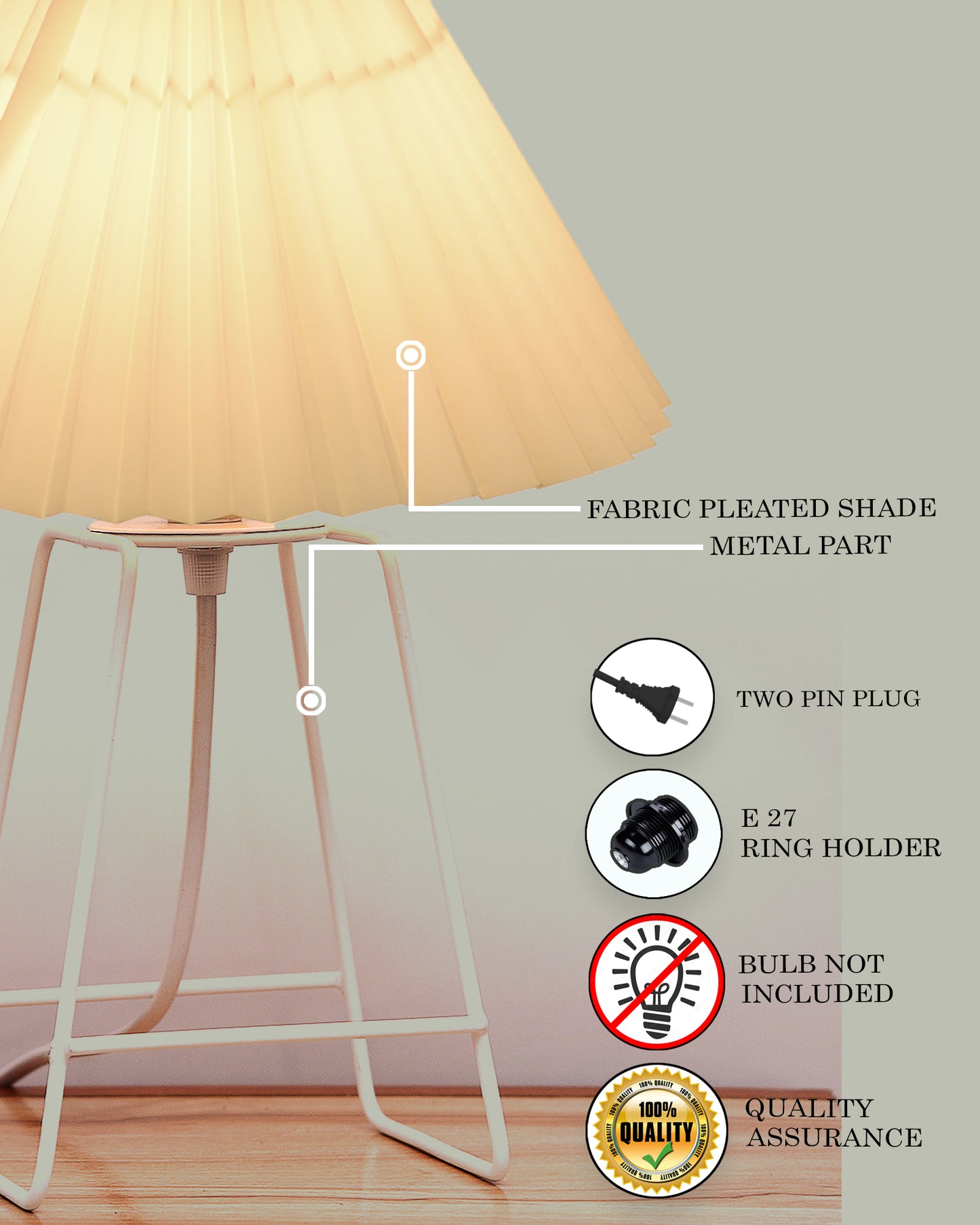 Korean Style Pleated Table Lamp with Wire Frame Base, Bedside Night Lamp for Bedroom & Living Room, Warm White Ambient Lighting, White Taper, Pleated off-white