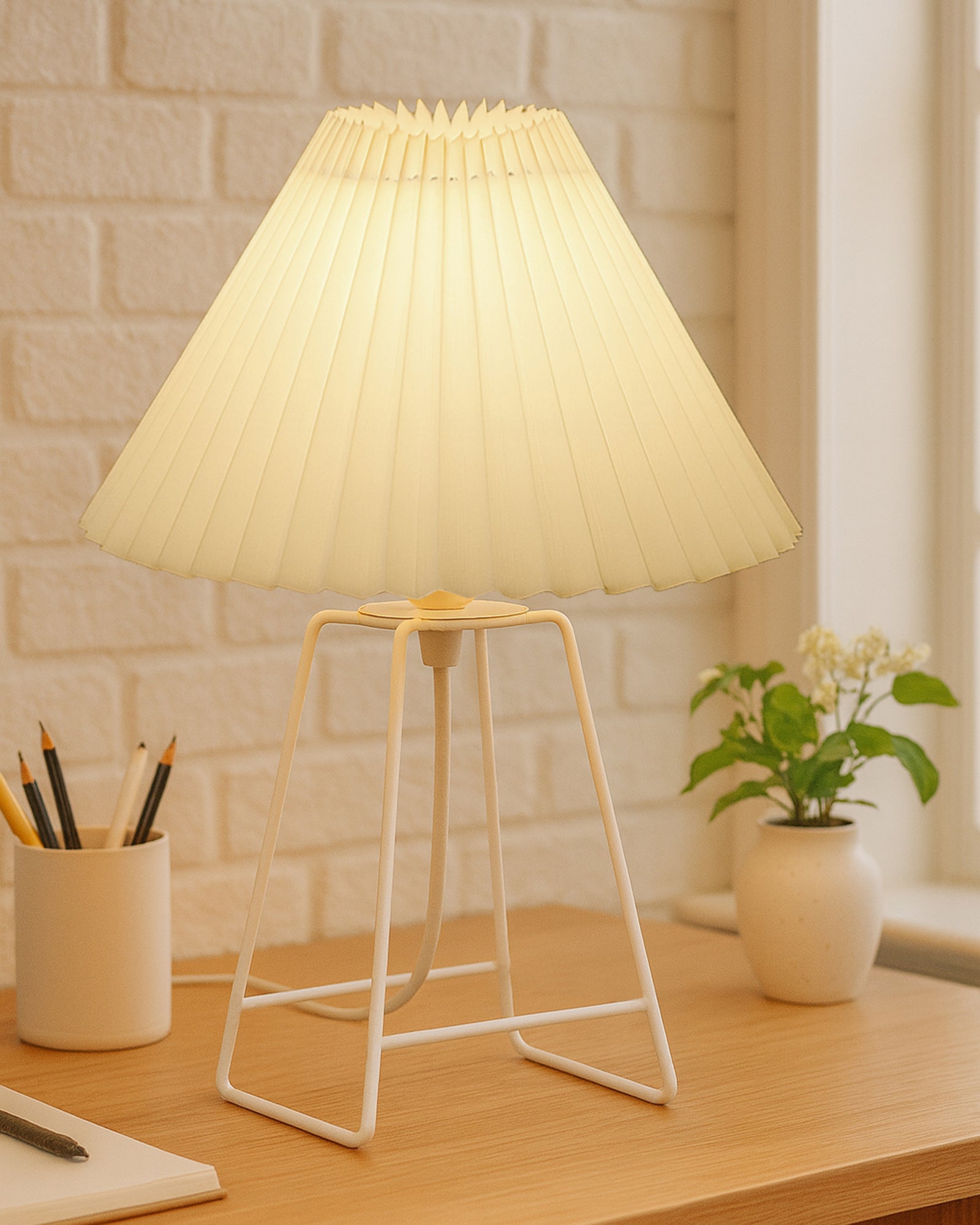 Korean Style Pleated Table Lamp with Wire Frame Base, Bedside Night Lamp for Bedroom Living Room, Warm White Ambient Lighting, White Taper, Pleated