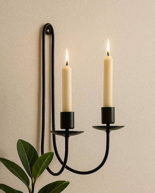 Wall Candle Holder Stand for Living Room, Black Metal Wall Sconce with Dual Taper Candle Holder, Decorative Candle Stand for Home Décor