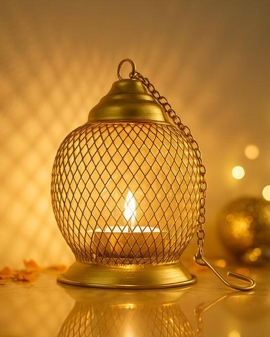 Wire Mesh Metal Tea Light Candle Holder – Decorative Tabletop Stand for Home, Diwali & Festive Décor, Golden