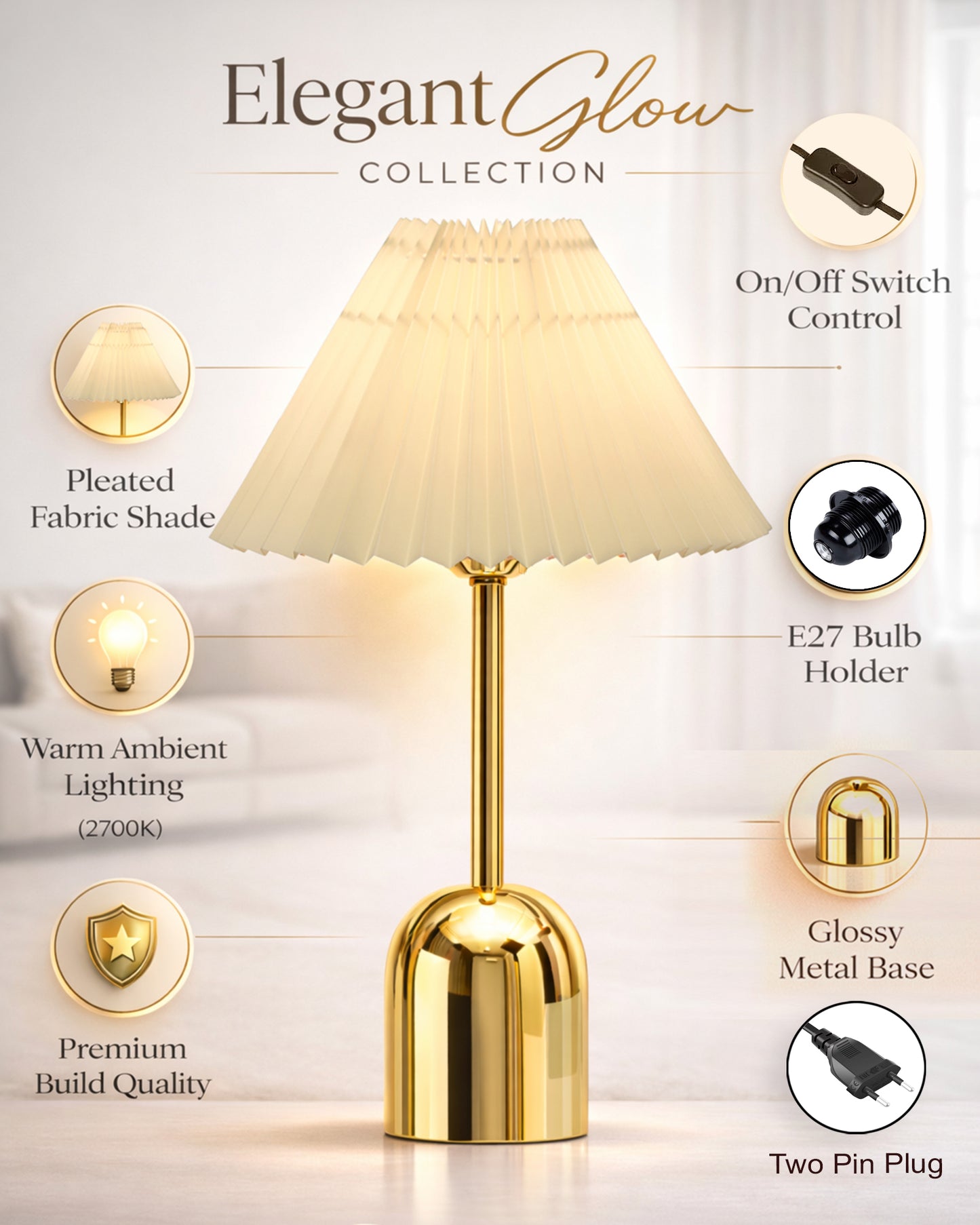 Luxe Dome Gold Table Lamp with Linen Fabric Drum Shade, Modern Decorative Bedside Lamp for Bedroom & Study Table, Living Room & Side Table, Pleated Shade