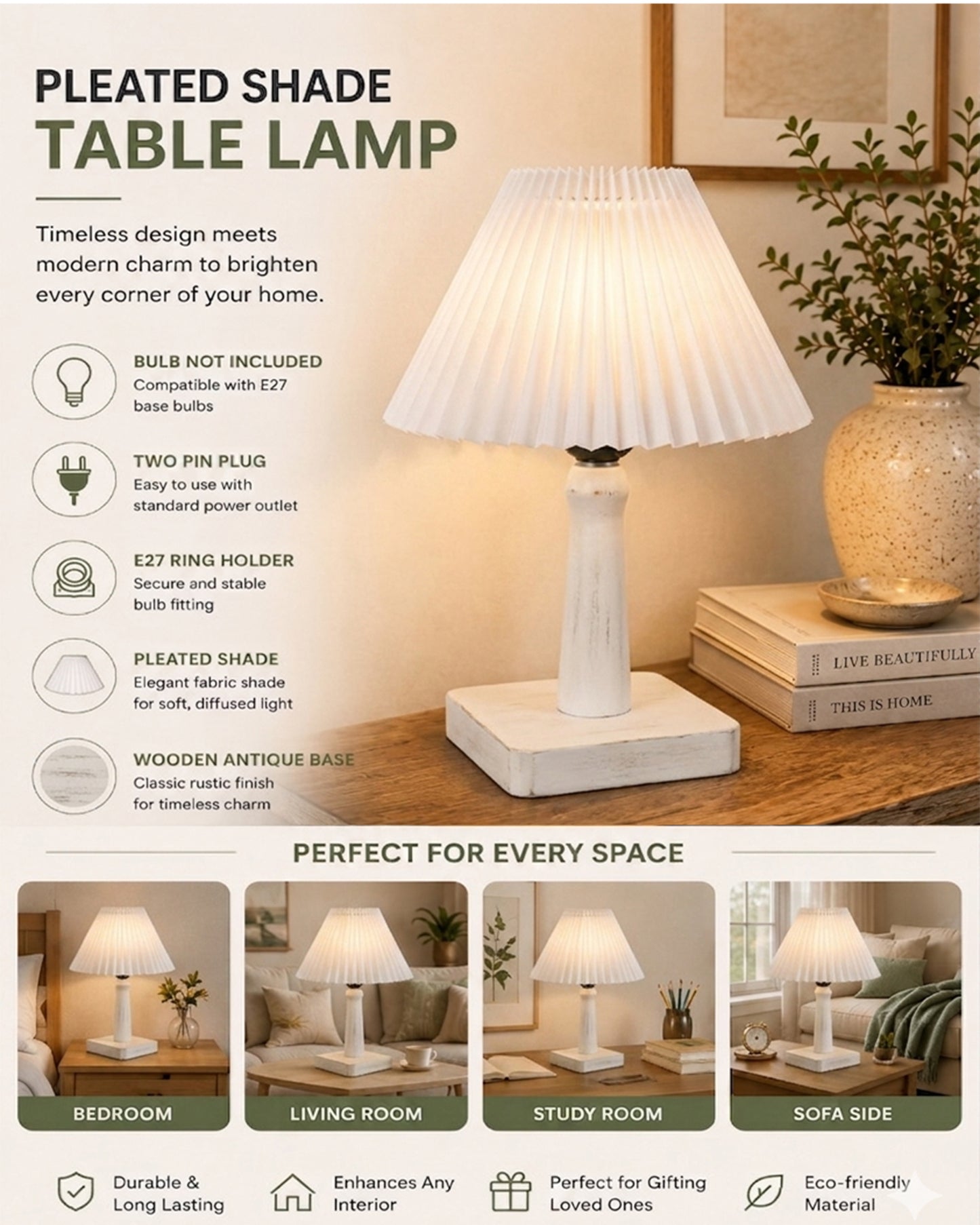 Kyoto Pleated Wooden Table Lamp for Bedroom, Bedside & Living Room | Nordic Aesthetic Ambient Light | Home Decorative Wooden Desk Lamp, (Pleated Shade)
