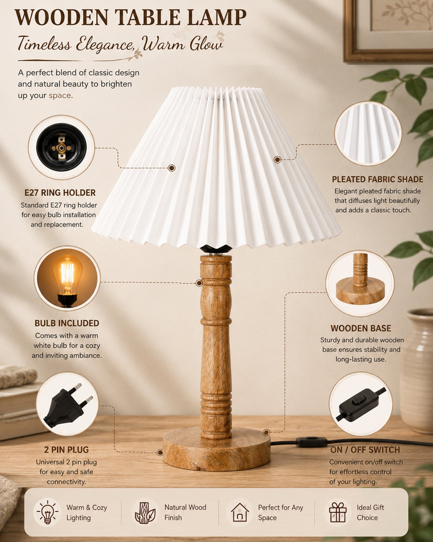 Mid Century Modern Stick Table Lamp, Hand Turned Floor Lamp Wood for Living Room, Stand Lamp with Fabric Lampshade for Bedroom, Desk Lamp, Study Room and Office, (Pleated Off-White)