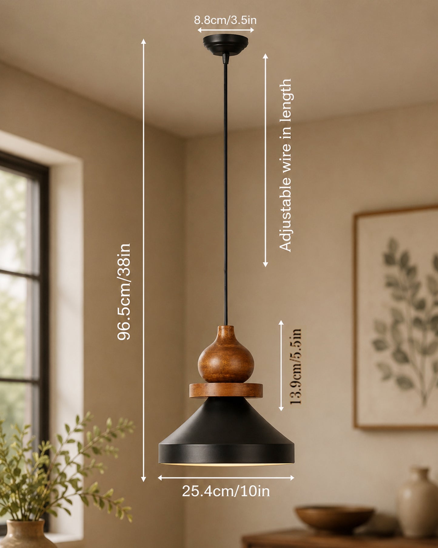 Hive Parker Scandinavian Wooden Pendant Light with Black Metal Shade | Modern Mango Wood Hanging Ceiling Lamp for Kitchen Island, Dining Room, Living Room, Bedroom, Café & Home Decor