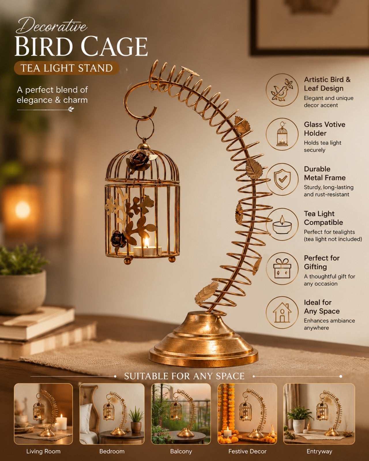 Metal Bird Cage with table stand Light Antique Diwali Showpieces for Home Decor tealight candle holders