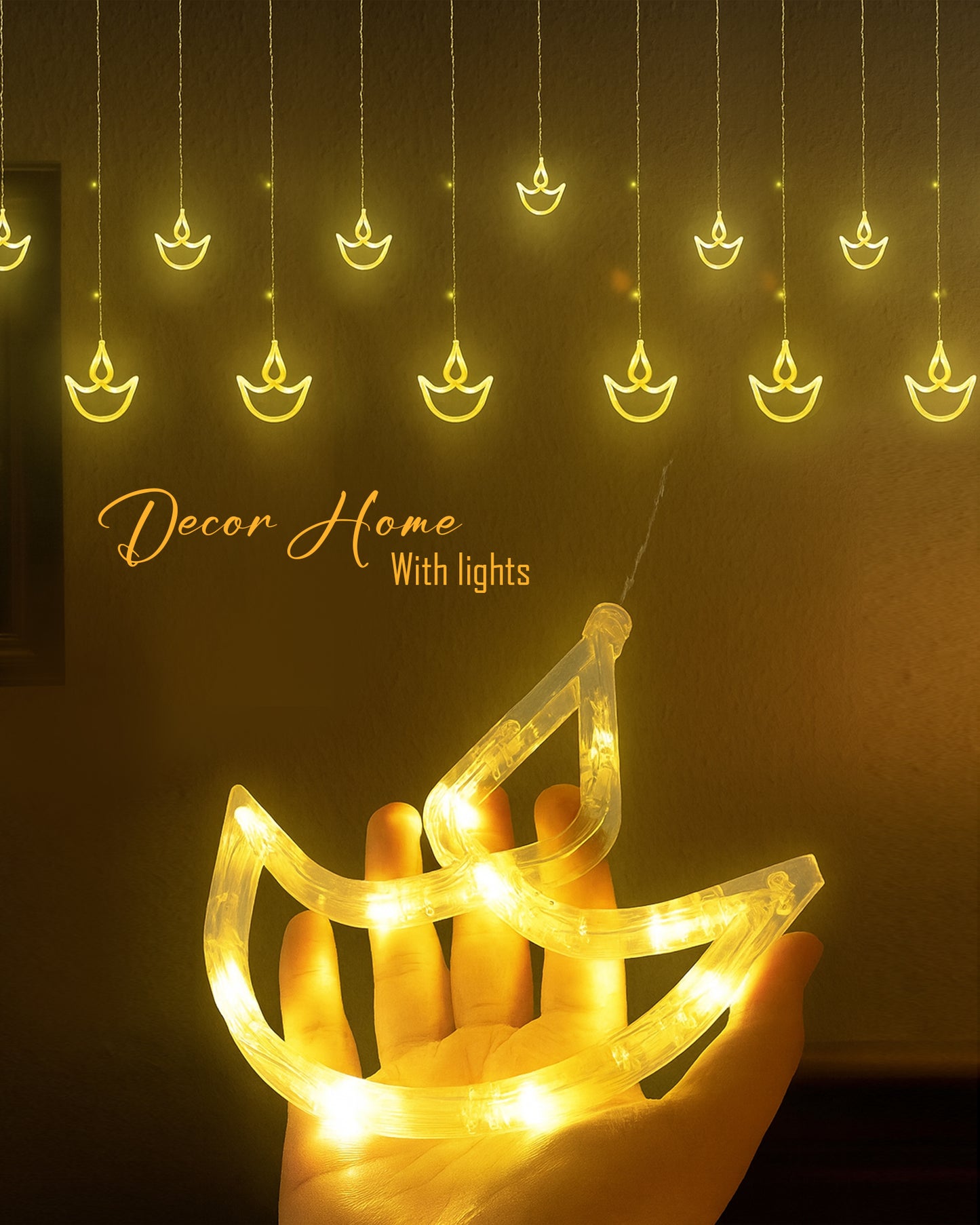 Homesake® 12 Diya Curtain Fairy String Led Diya Light with Plug in String Lights with 8 Modes, Diwali, Christmas Festive Lights, Pooja Room Decor for Indoor Outdoor Window Wall Home Party (Warm White)