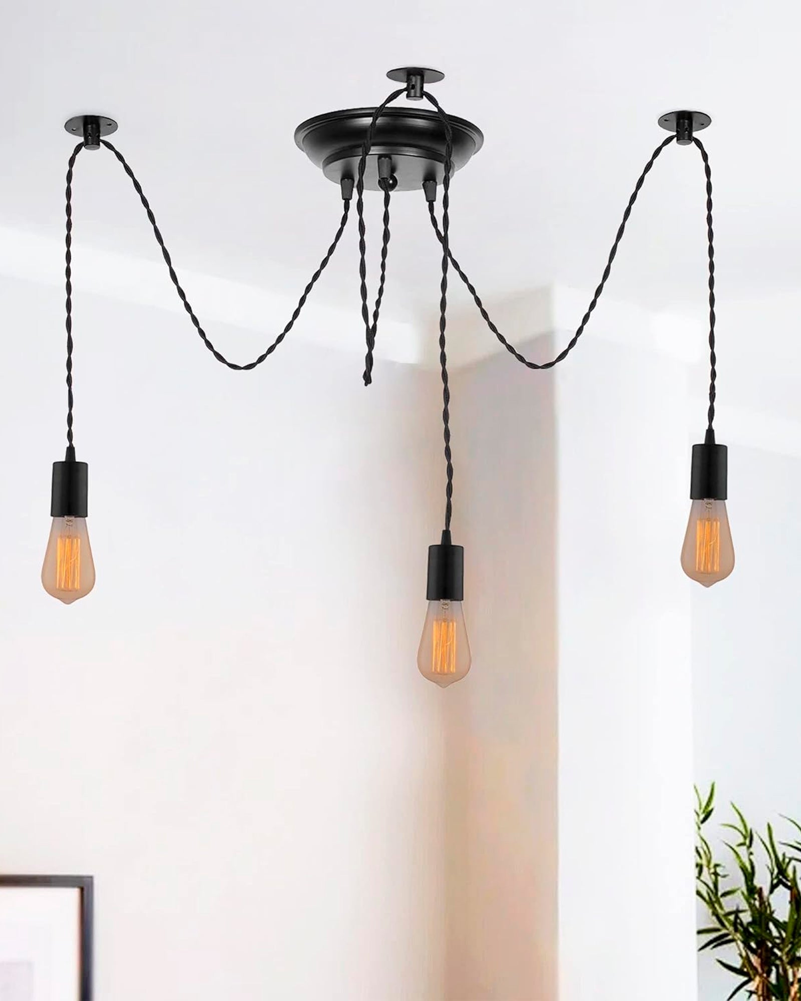 Spider Chandelier Lamp, Vintage Edison Style E 27 Adjustable DIY Ceiling Pendant Light, E27 Rustic Cluster Hanging M, Black Twisted Wire)