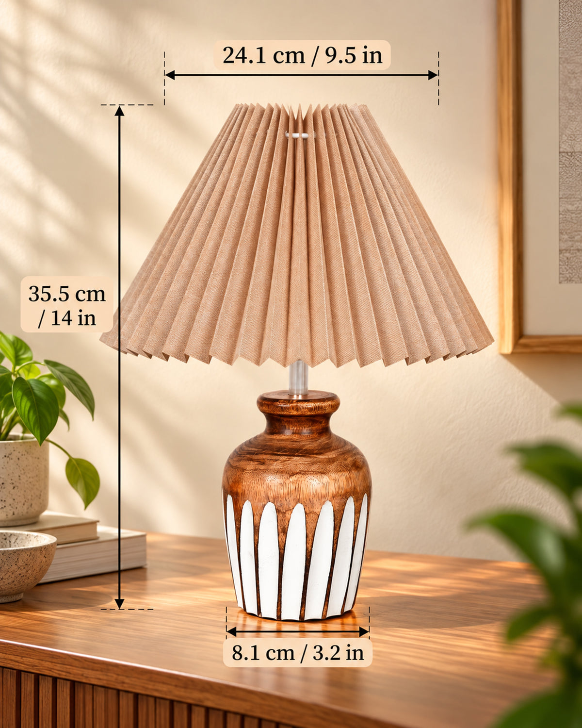 Small Cute Bedside Lamp with Linen Beige Lampshade, Nightstand Lamp for Nursery, Bedroom, Kid Room, Living Room, Light Brown Wooden Base, E27, Ribbed Urn, Pleated Jute