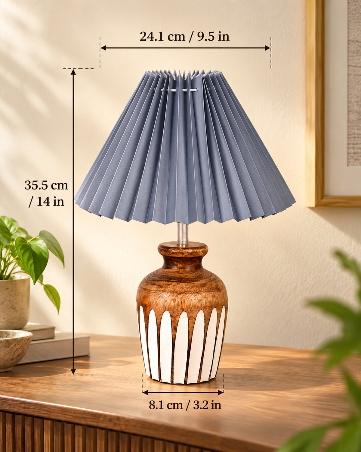 Small Cute Bedside Lamp with Linen Beige Lampshade, Nightstand Lamp for Nursery, Bedroom, Kid Room, Living Room, Light Brown Wooden Base, E27, Ribbed Urn, Pleated Jute