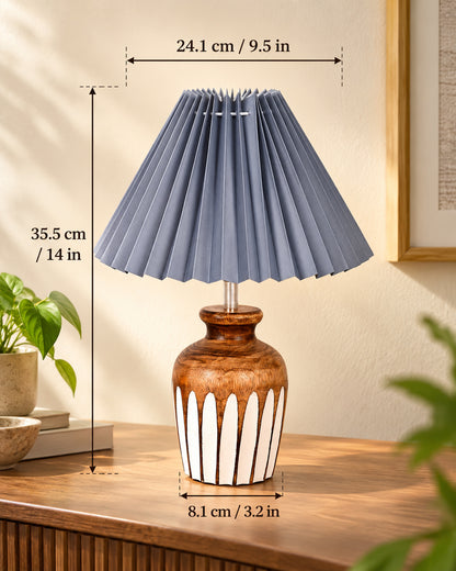 Small Cute Bedside Lamp with Linen Beige Lampshade, Nightstand Lamp for Nursery, Bedroom, Kid Room, Living Room, Light Brown Wooden Base, E27, Ribbed Urn, Pleated Jute
