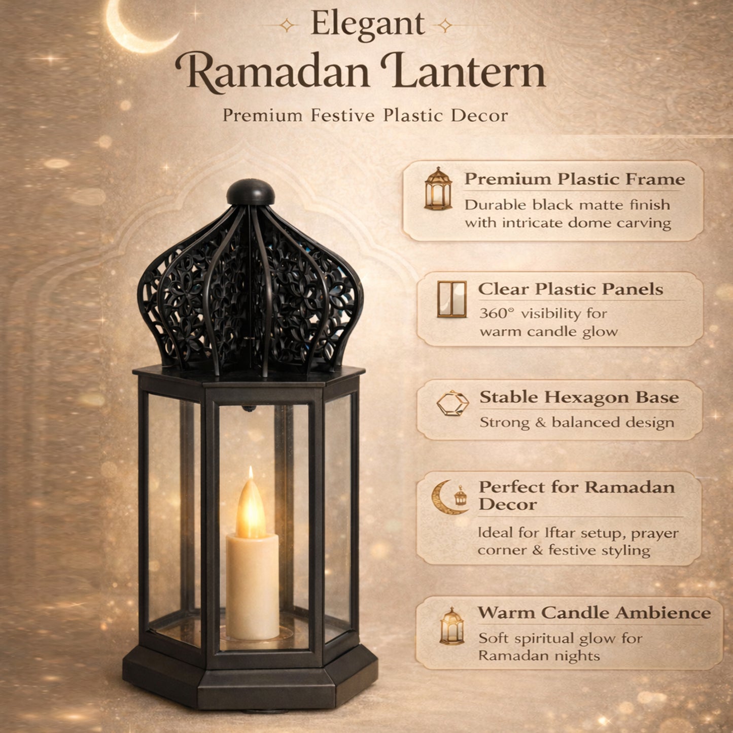 Homesake® Antique LED Candle Hurricane Lamp, 1 Pc Flameless and Smokeless Acrylic, Wall Hanging for Home, Living Room Corner, Bedroom, Wall Decor, Ramadan Decorations, Arabian Nights, Black