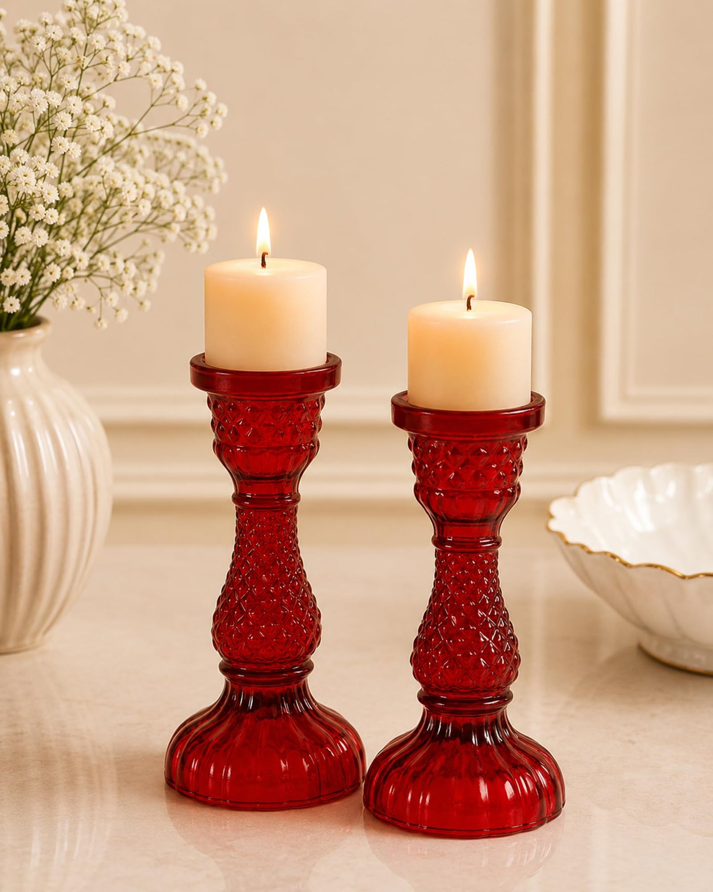 Solid Glass Candle Stand Carved Set of 2 (Solid)