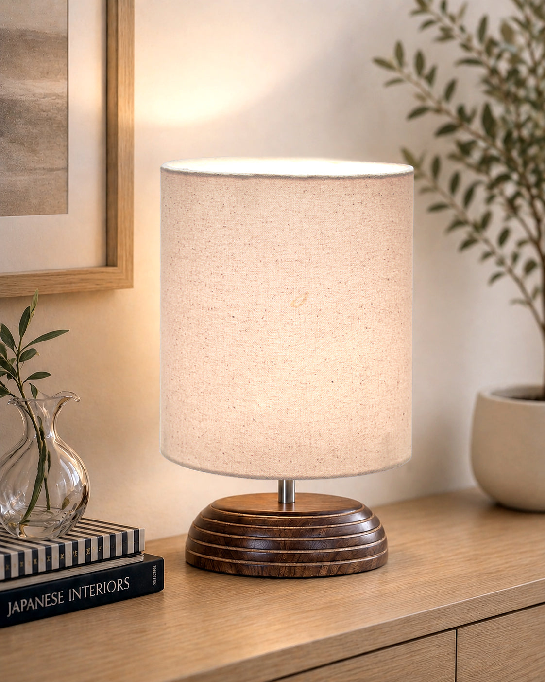 Modern Antique E27 Base Pebble Zen Wooden Table Lamp With Lampshade Nightstand Lamp