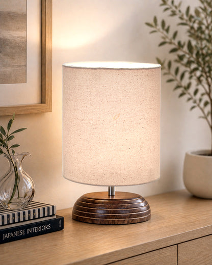 Modern Antique E27 Base Pebble Zen Wooden Table Lamp With Lampshade Nightstand Lamp