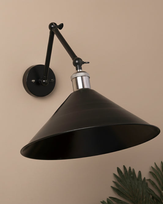Edison Black 360 Barn Cone Shade Wall Lamp, Vintage Industrial Loft, E27 Holder, Decorative, Swing Wall Light, Triple movement