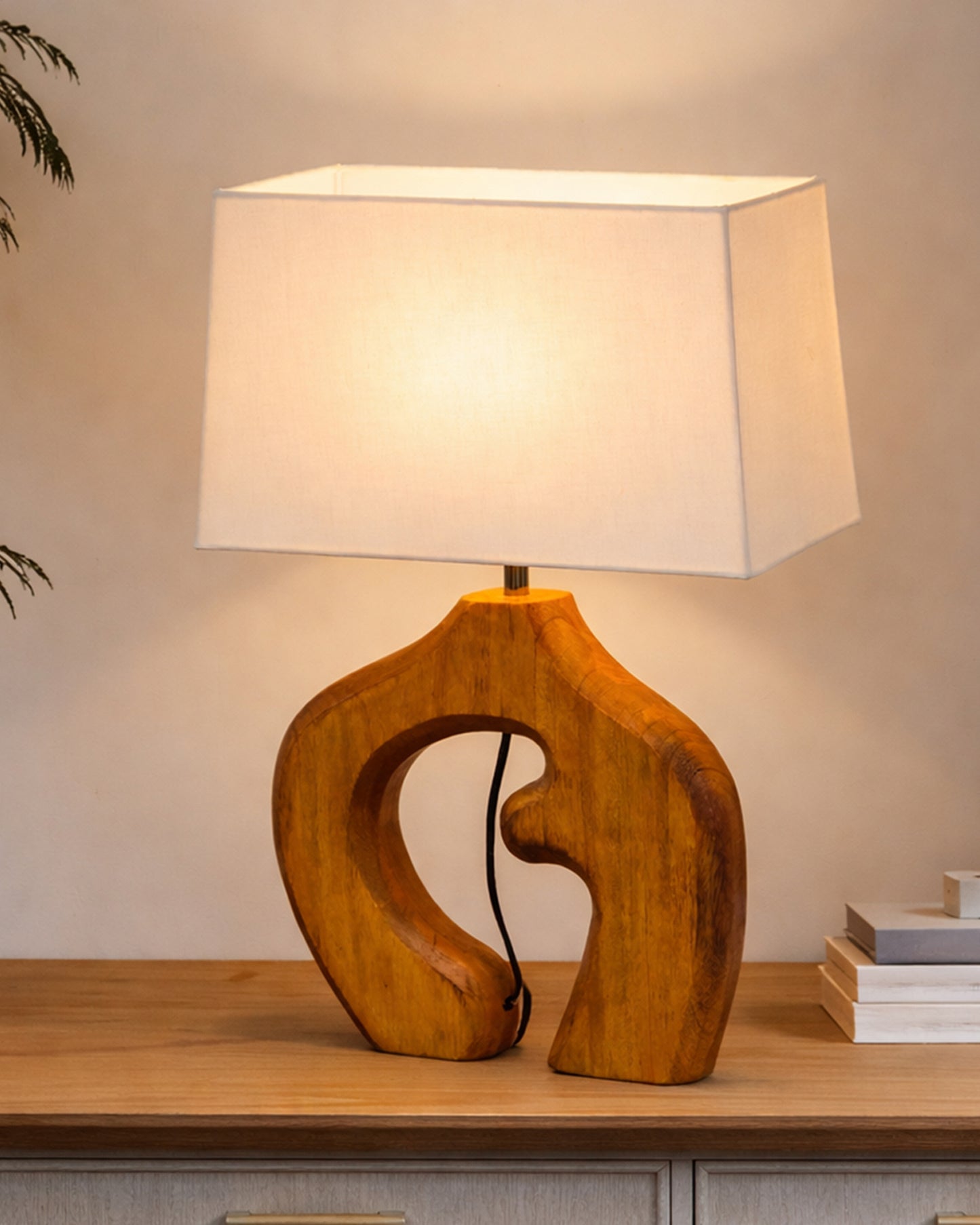 Homesake® Ellora Sculpted Wood Table Lamp with Fabric Shade – Hand-Carved Arch Base, Light for Bedroom & Living Room, Blue Bird Rectangle