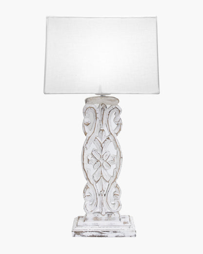 Sculptural Hand Carved Wood Table Lamp with Khadi Square shade, Whitewash