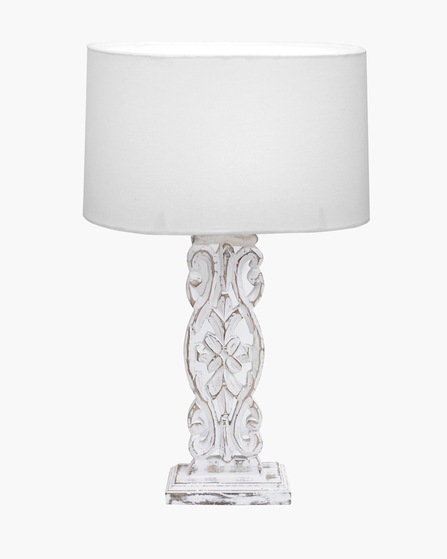 Sculptural Hand Carved Wood Table Lamp with Oval White shade, Antique Black
