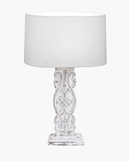 Sculptural Hand Carved Wood Table Lamp with Oval White shade, Antique Black