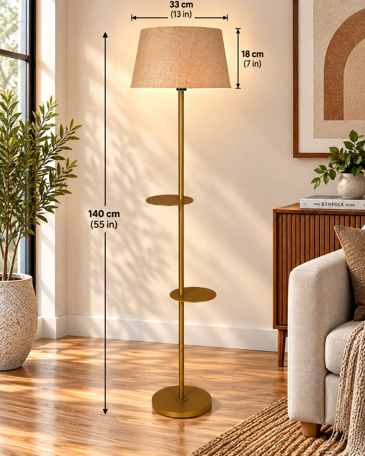Contemporary Duo Shelf Metal Floor Lamp, Bedside Living room Office Home Decor Lamp, Golden