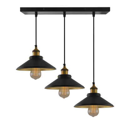 3-Lights Linear Cone Shade Cluster Chandelier Hanging Light, Decorative, Black, Kitchen Area and Dining Room Light, LED/Filament Light